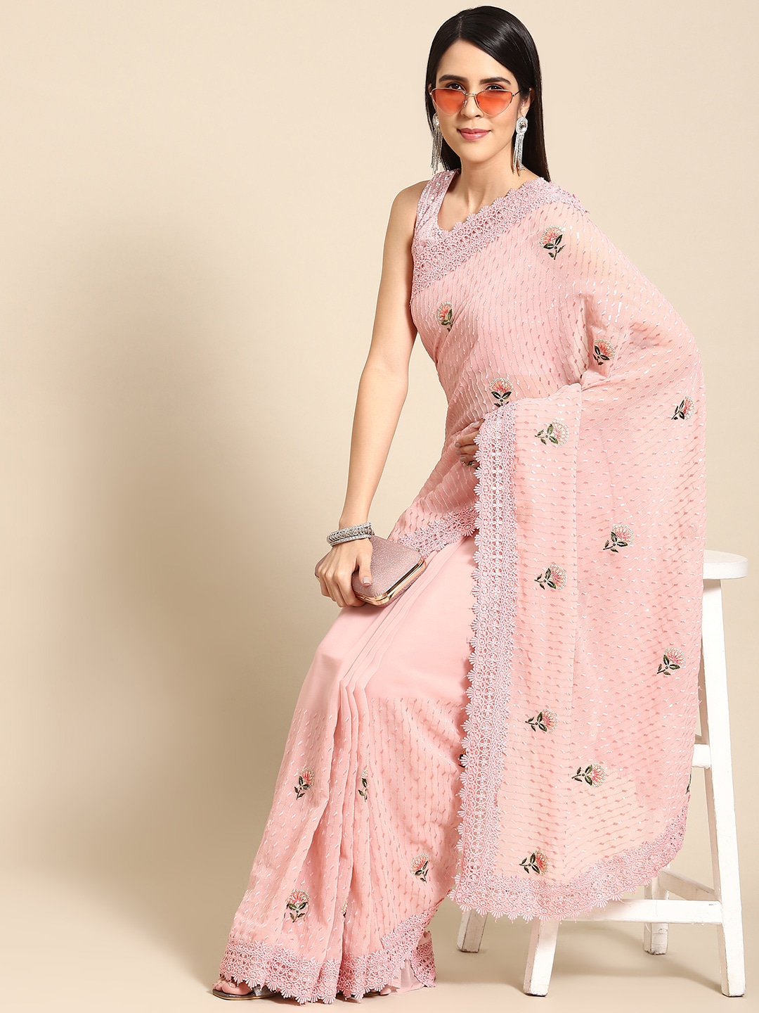 Chhabra 555 Peach-Coloured Floral Embroidered Sequinned Saree Price in India