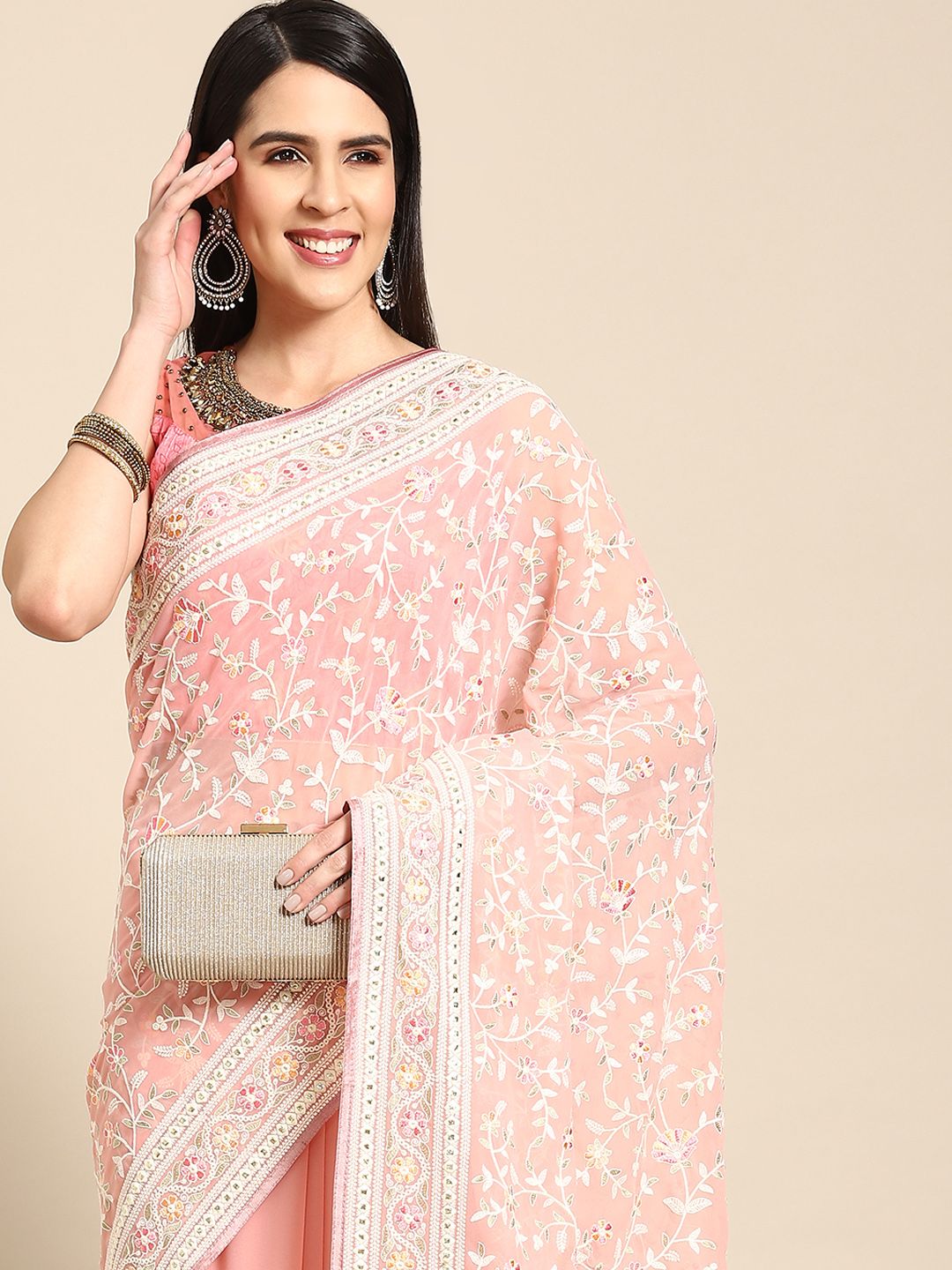 Chhabra 555 Pink Floral Embroidered Phulkari Saree Price in India