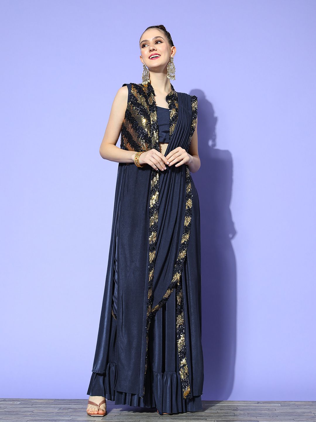 Chhabra 555 Navy Blue Embellished Sequinned Fusion Saree Price in India