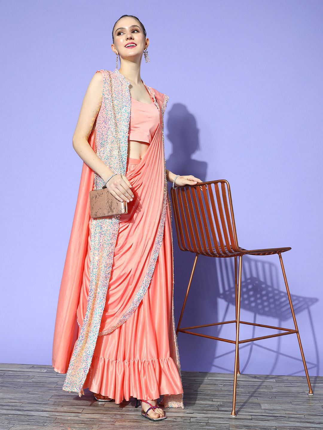 Chhabra 555 Peach-Coloured Made To Measure Sequinned Fusion Saree Price in India