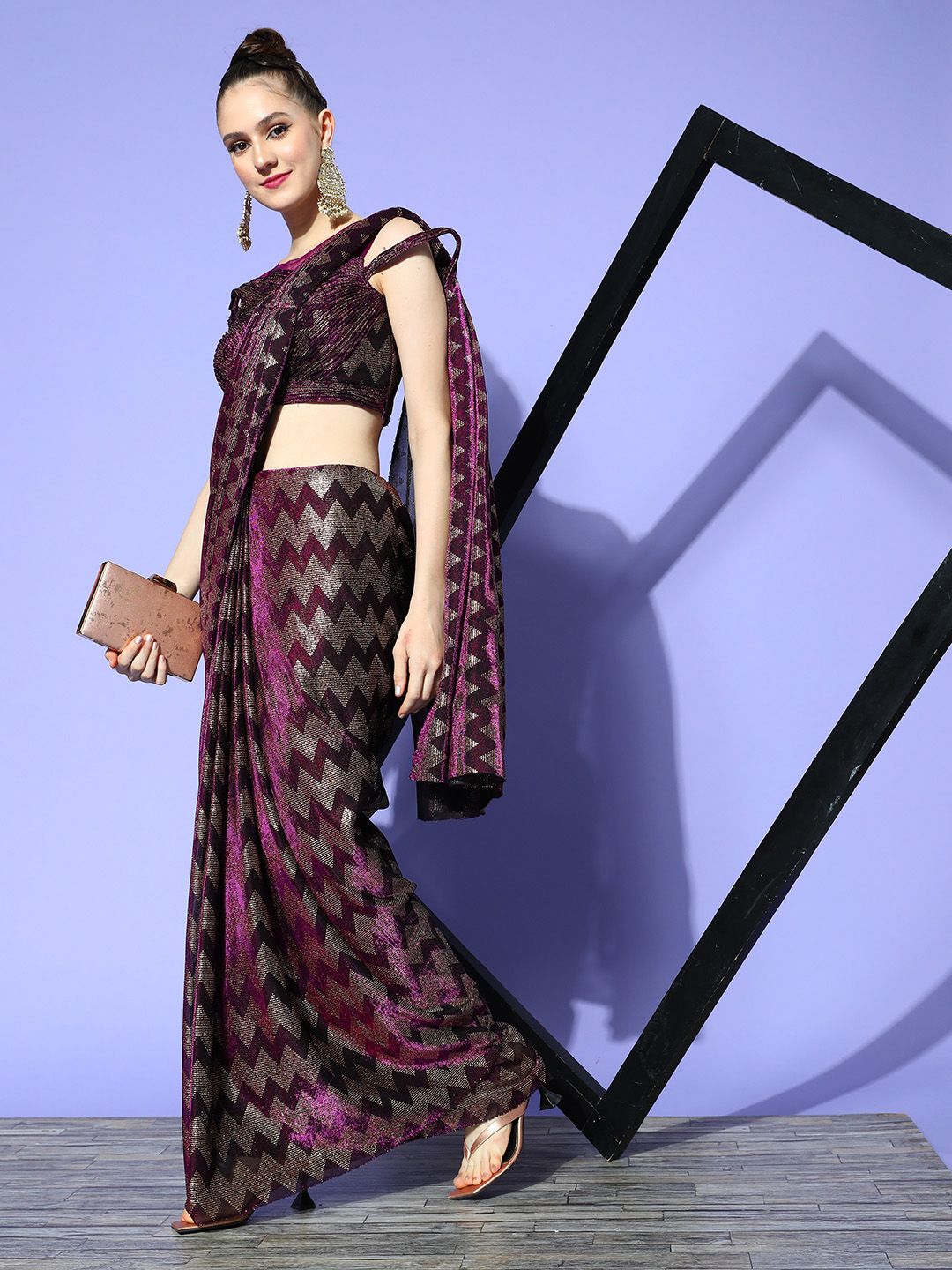 Chhabra 555 Purple & Burgundy Embellished Ready to Wear Saree Price in India
