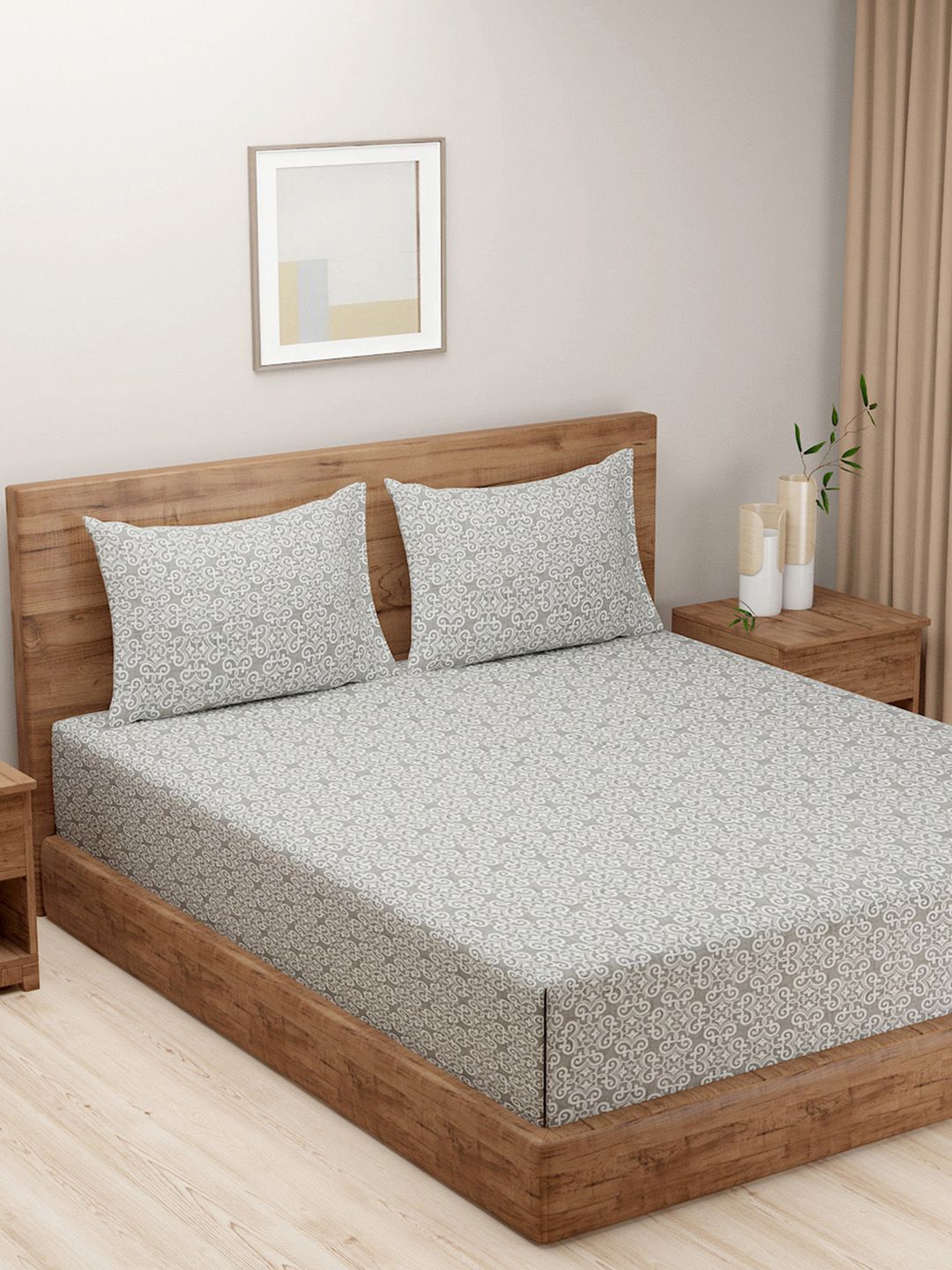 SWAYAM SWAYAM Ananda Grey Ethnic Motifs Pure Cotton 210 TC Queen Fine Bedsheet with 2 Pillow Covers-78 x 72 inches