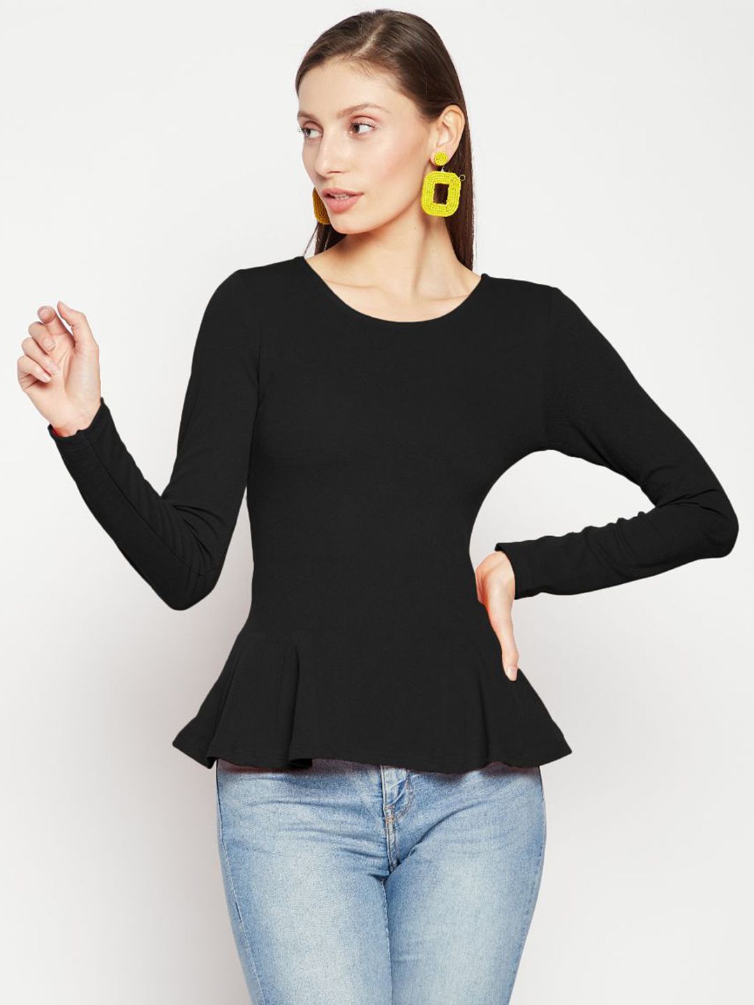 Uptownie Lite Women Black Stretchable Peplum Full Sleeves Top Price in India