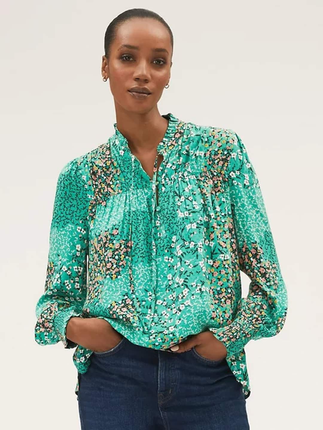 Marks & Spencer Green Floral Print Tie-Up Neck Shirt Style Top Price in India
