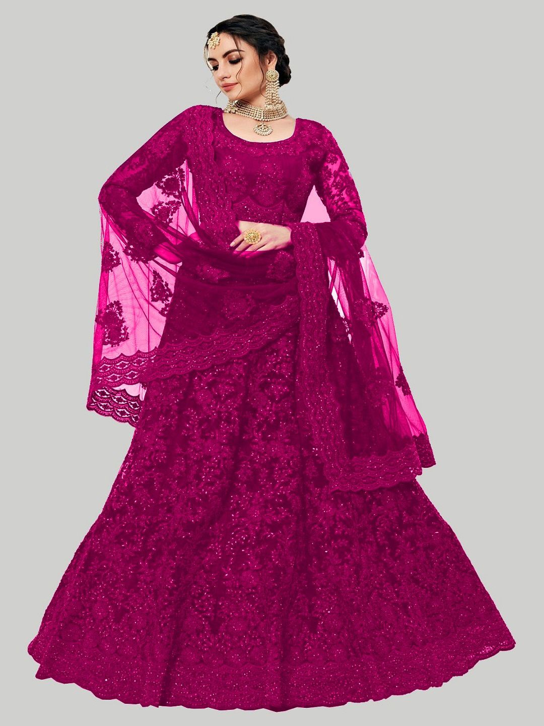 GOROLY Pink Embroidered Thread Work Semi-Stitched Lehenga & Unstitched Blouse With Dupatta Price in India