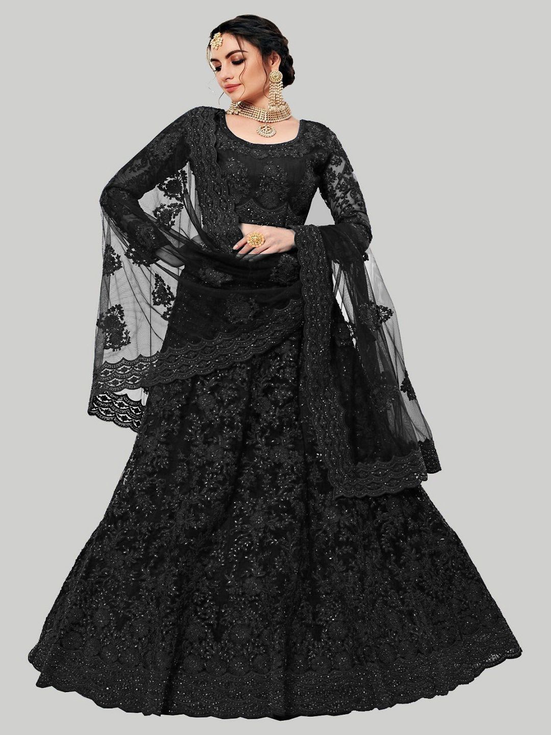 GOROLY Black Embroidered Thread Work Semi-Stitched Lehenga & Unstitched Blouse With Dupatta Price in India