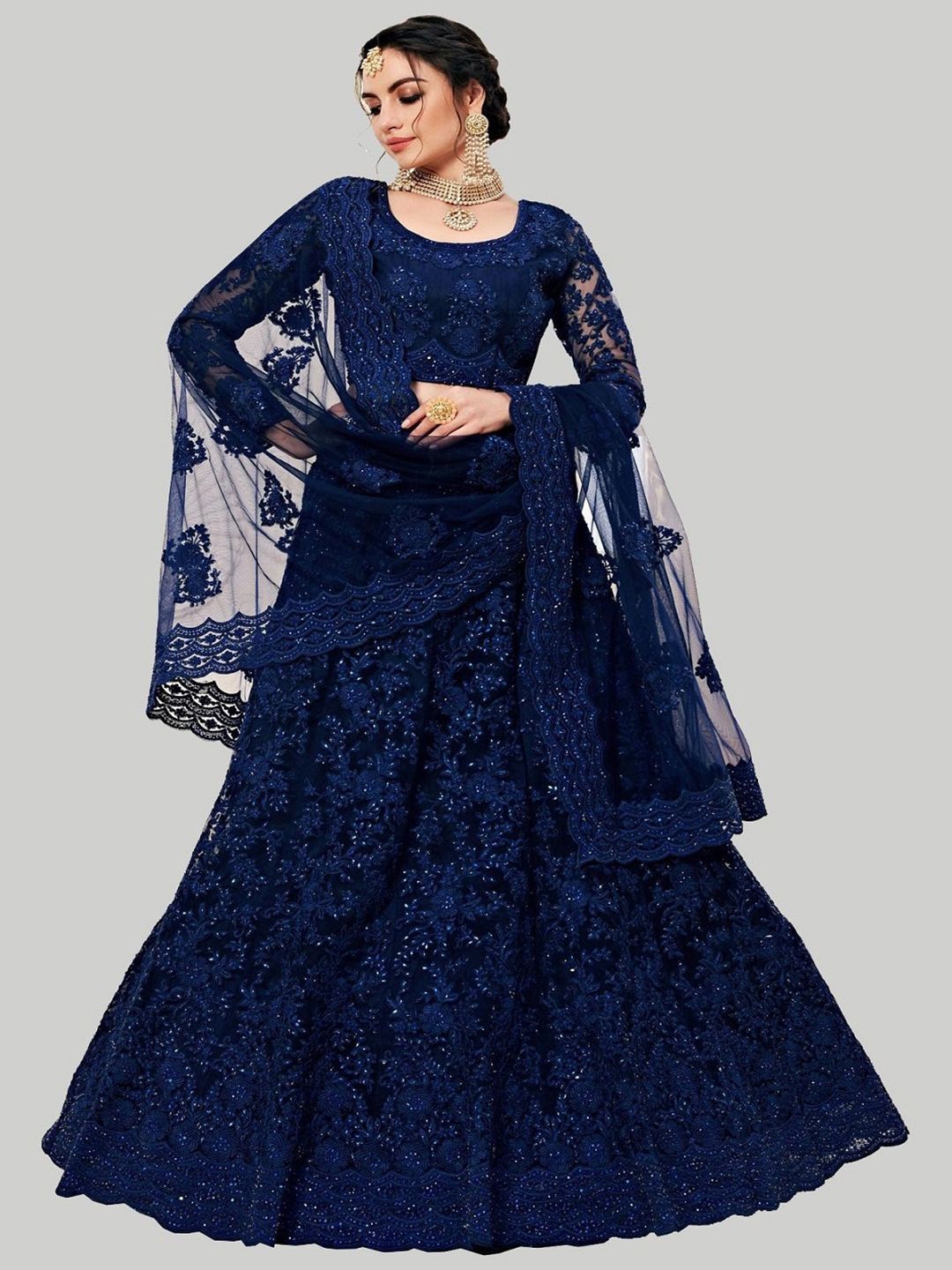 GOROLY Blue Embroidered Thread Work Semi-Stitched Lehenga & Unstitched Blouse With Dupatta Price in India