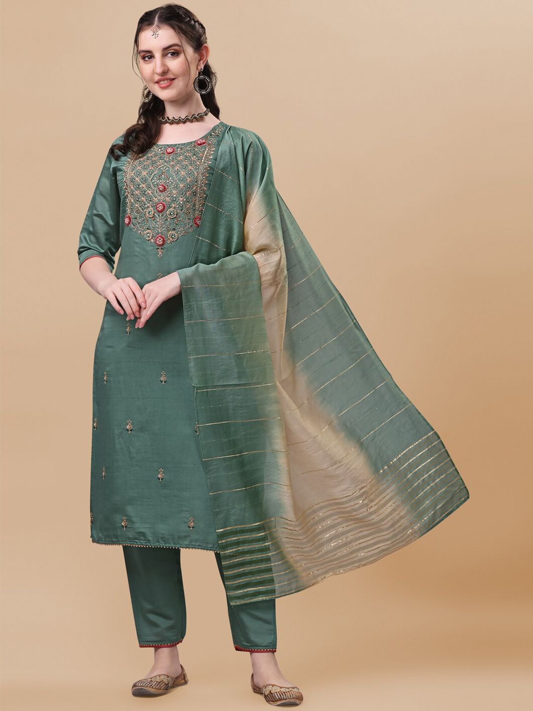 Berrylicious Women Green Embroidered Chanderi Cotton Kurta with Trousers & With Dupatta Price in India