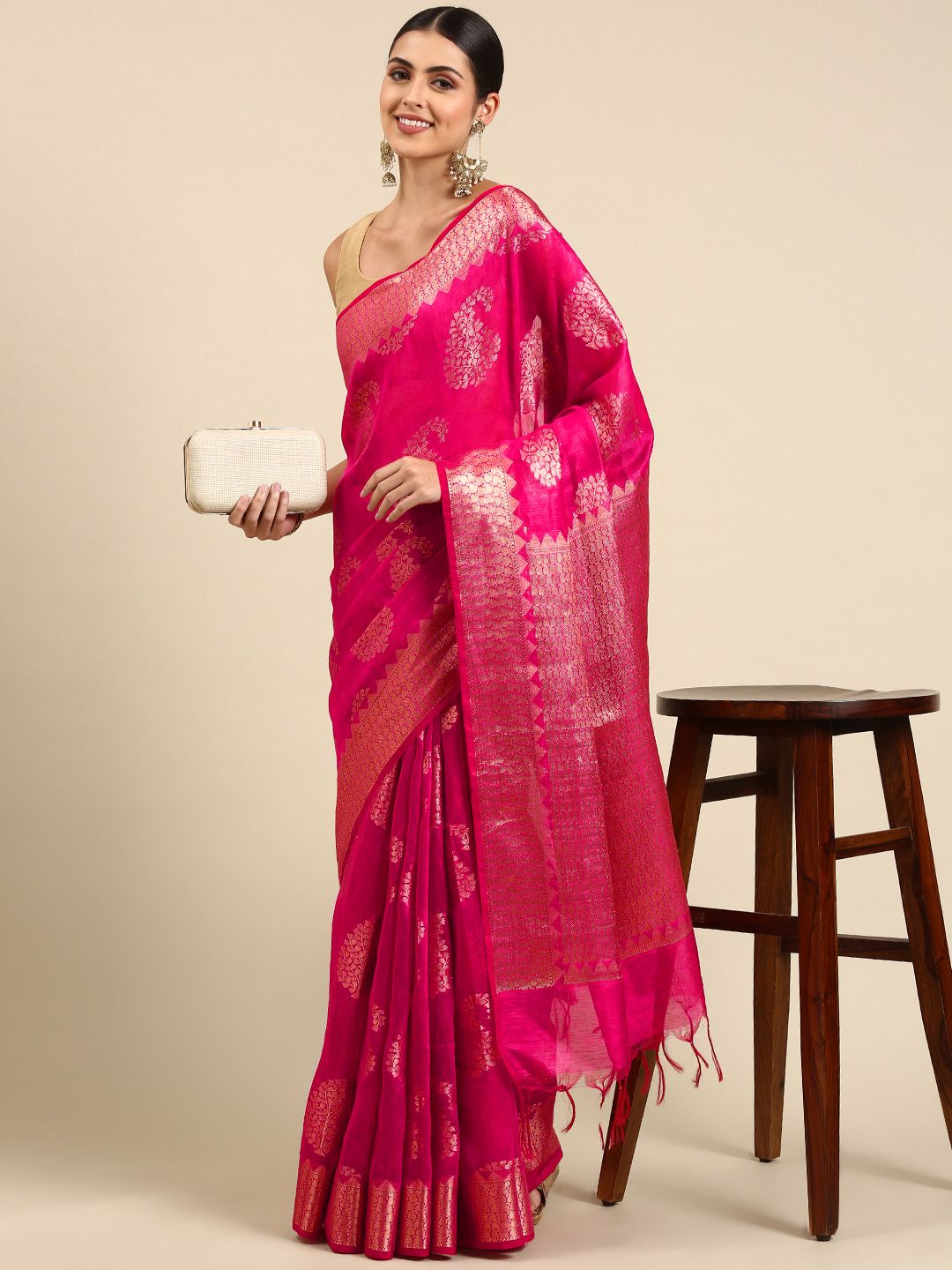 swatika Pink Woven Design Zari Pure Linen Banarasi Saree Price in India