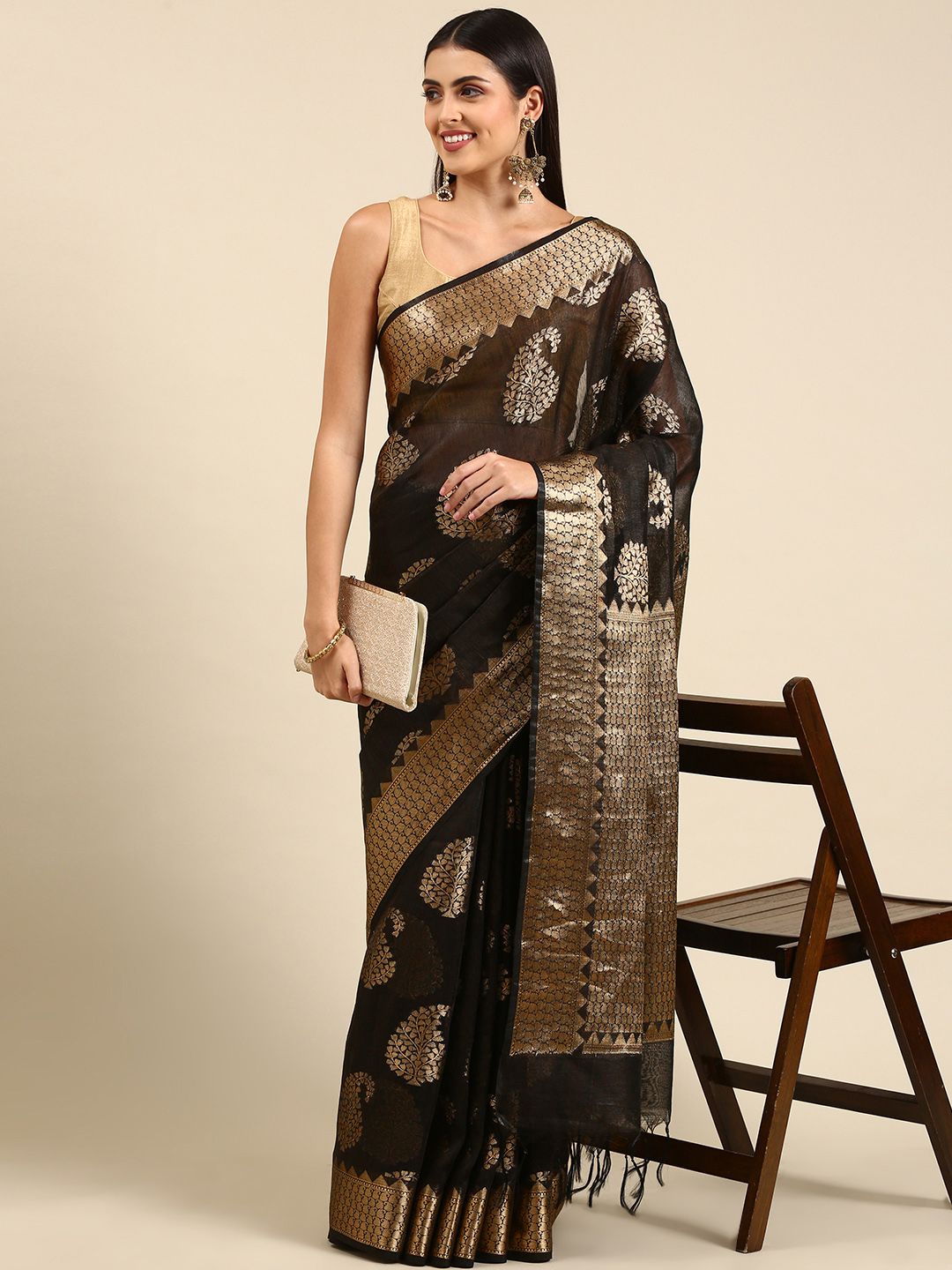 swatika Black Woven Design Zari Pure Linen Banarasi Saree Price in India