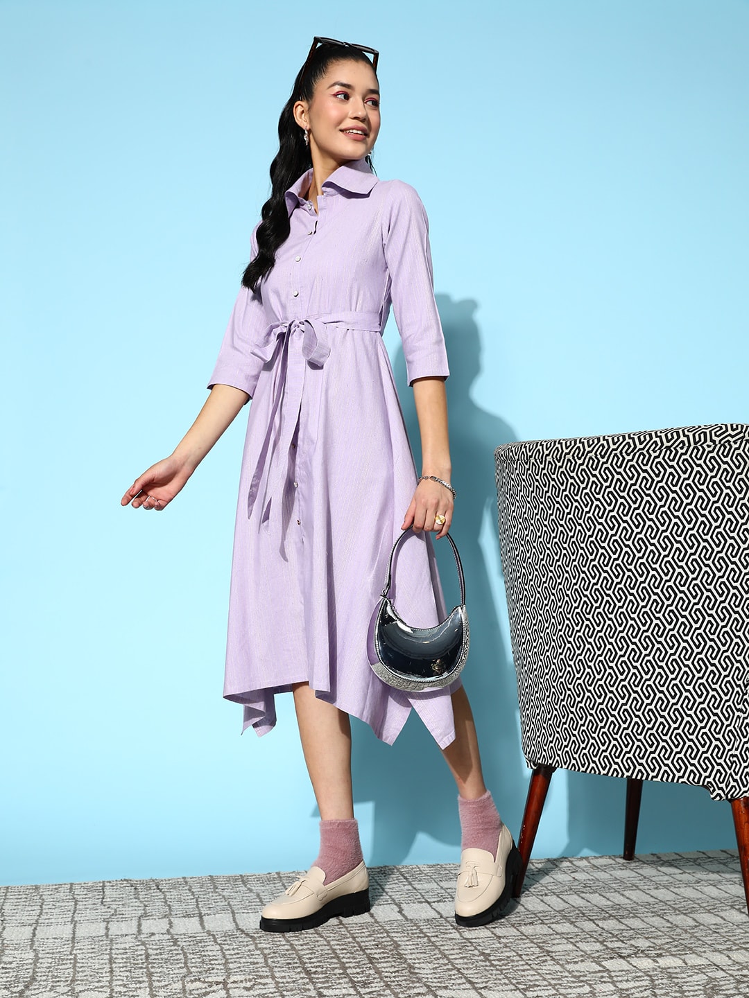 Yufta Lavender A-Line Belted Midi Dress Price in India