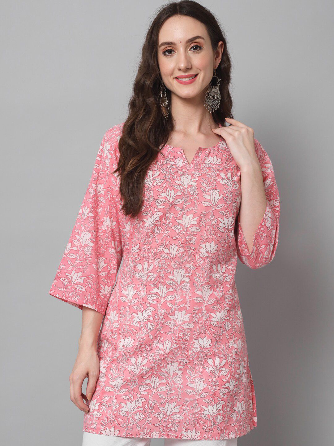 Silai Bunai Pink Floral Printed Pure Cotton Kurti Price in India