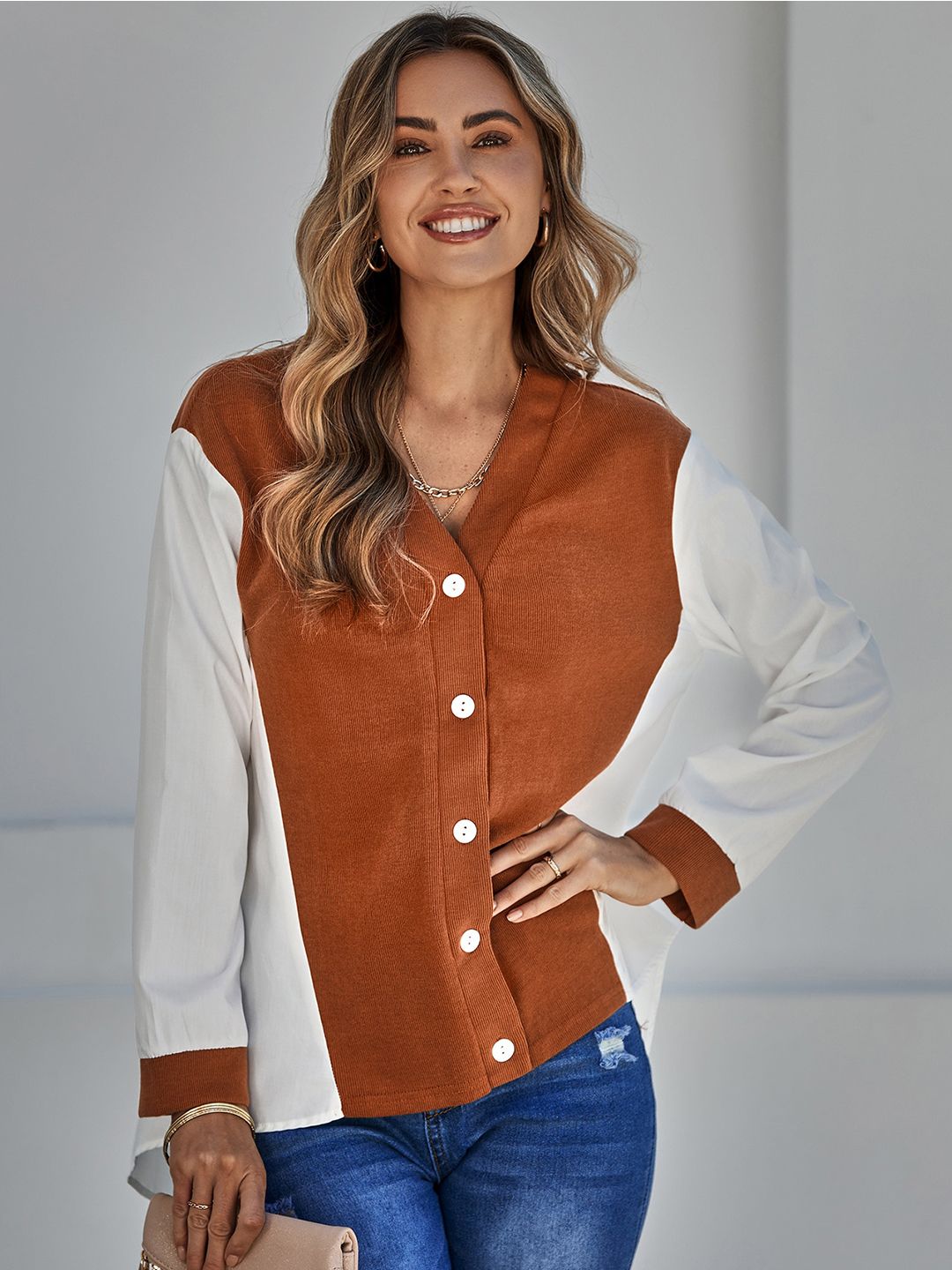 StyleCast Rust & Off White Colourblocked Shirt Style Top Price in India
