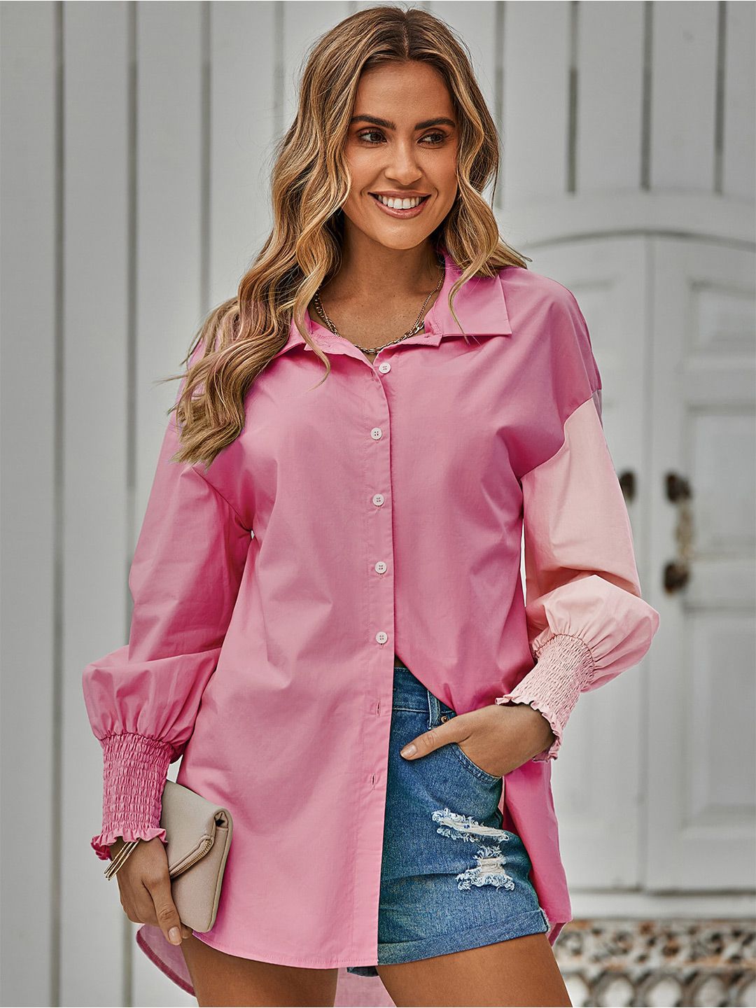 StyleCast Pink Colourblocked Shirt Style Longline Top Price in India