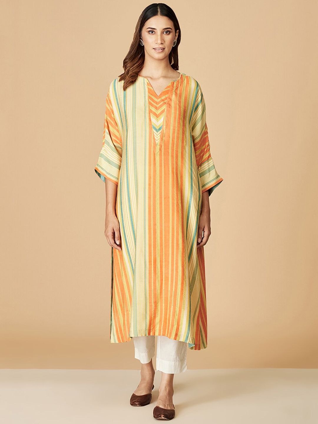 Fabindia Women Green Striped Kurta Price in India