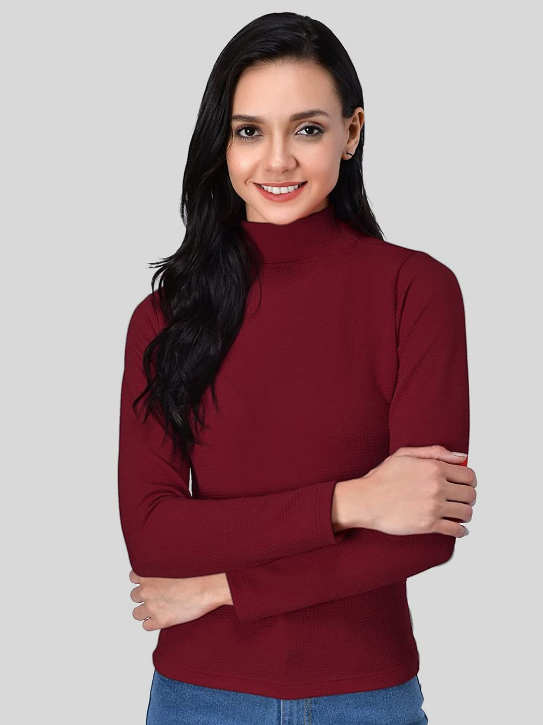 Womenster Maroon High Neck Top Price in India