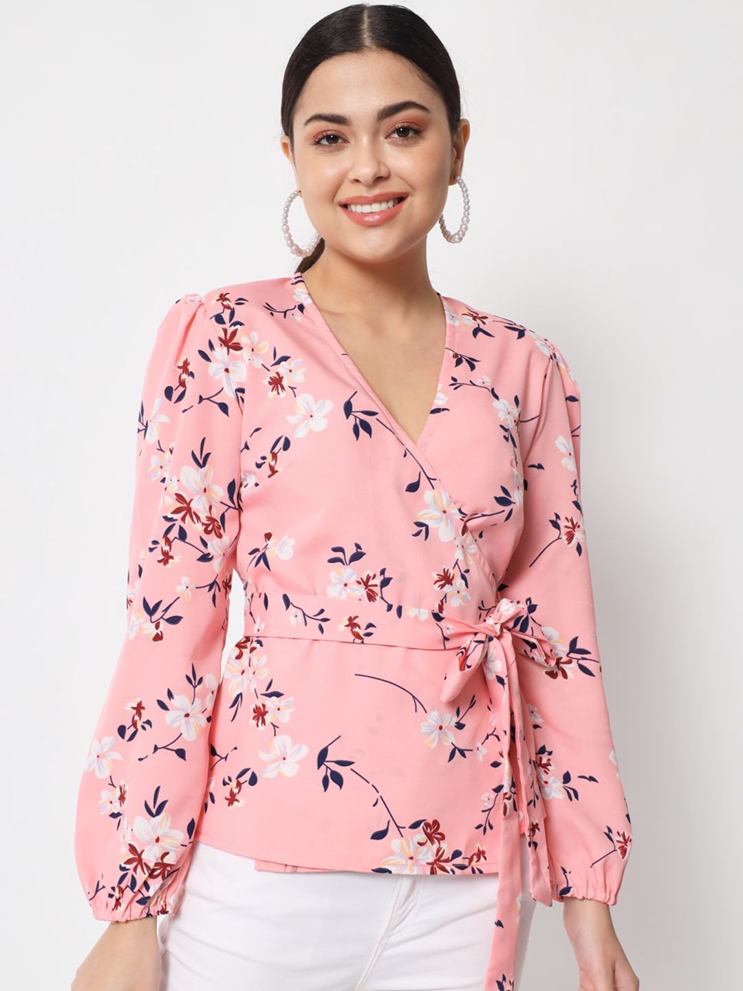 Womenster Pink Floral Print Crepe Wrap Top Price in India