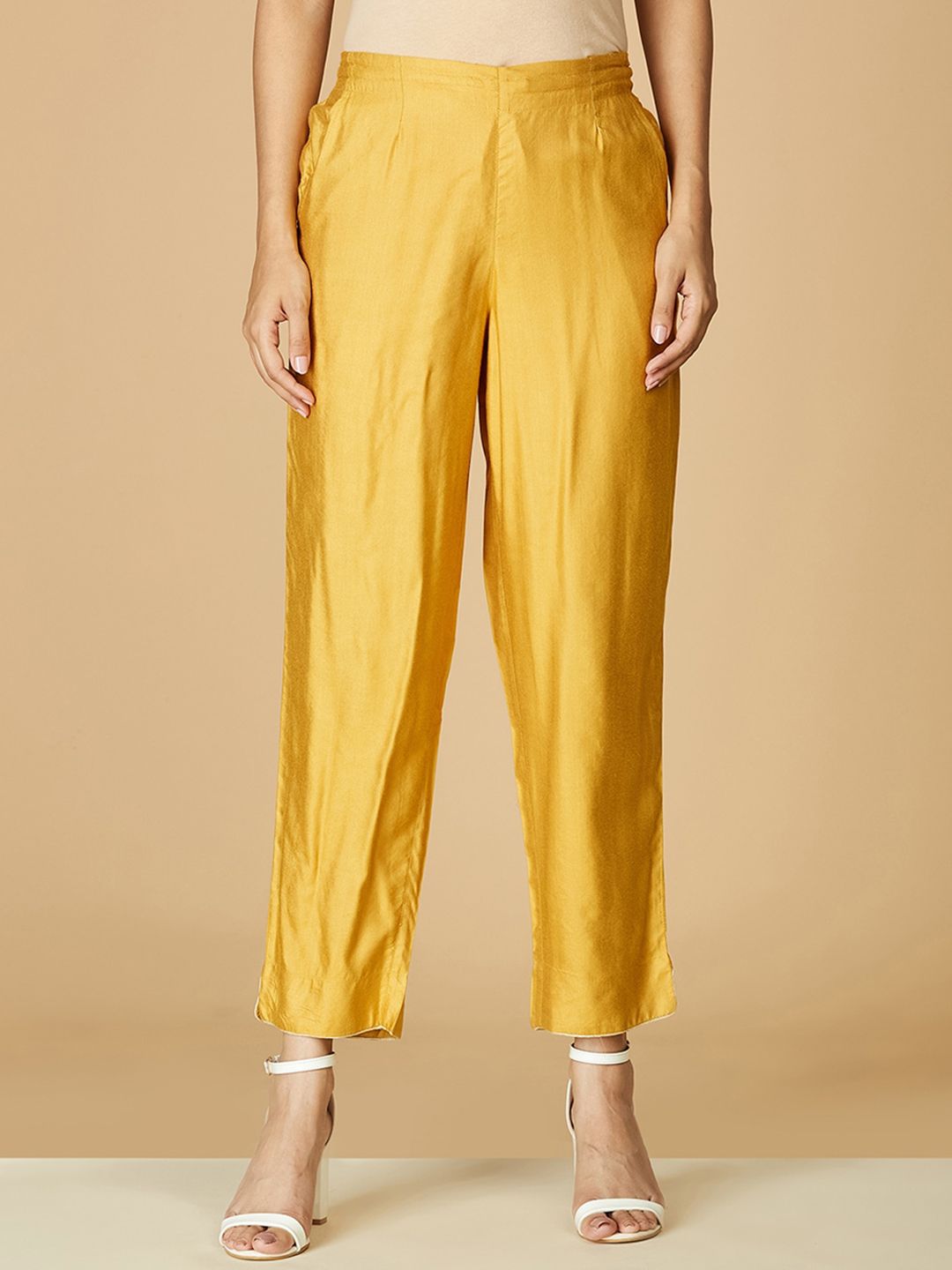 Fabindia Women Mustard Yellow Comfort Pleated Trousers Price in India
