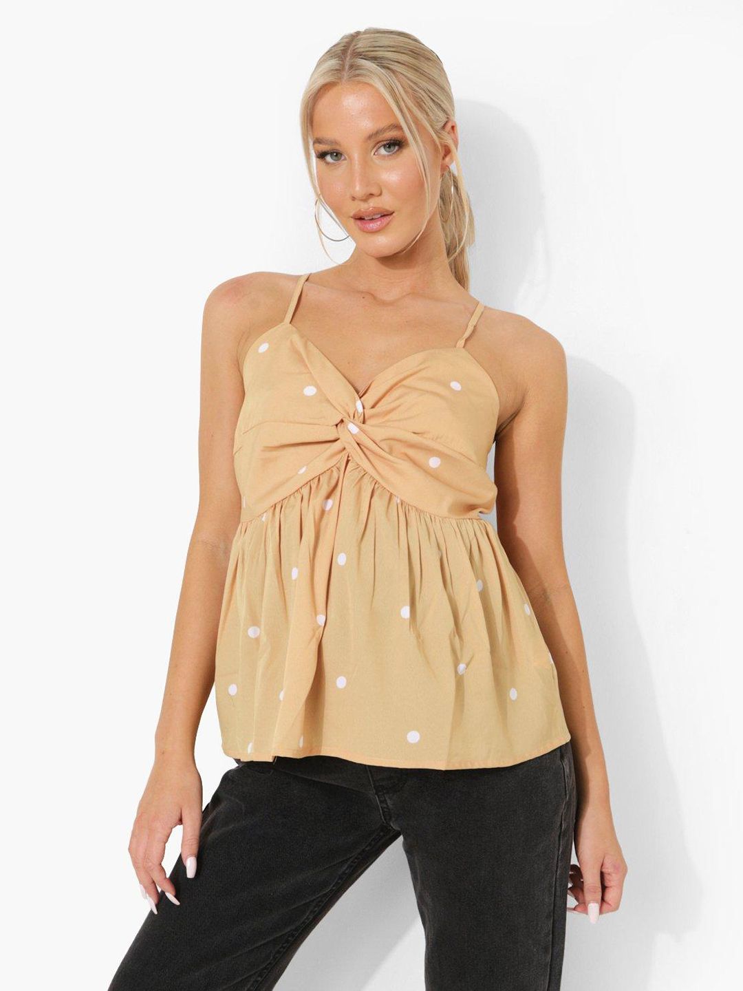 Boohoo Beige Polka Dot Print Twist Strappy Cami Top Price in India