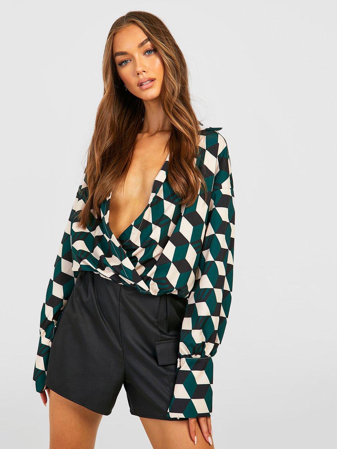 Boohoo Green & Off White Geometric Print Extended Sleeves Wrap Top Price in India