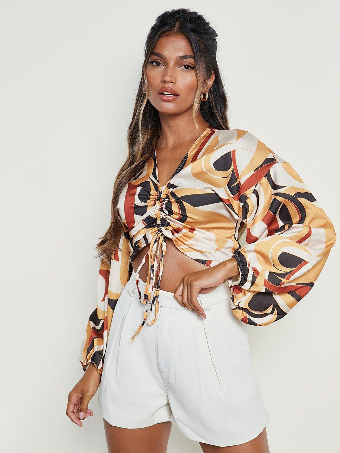 Boohoo Brown & White Abstract Print Satin Finish Ruched Crop Top Price in India