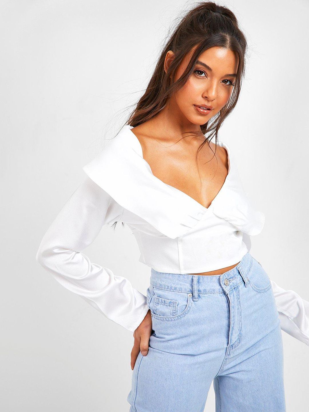 Boohoo White Off-Shoulder Satin Corset Top Price in India