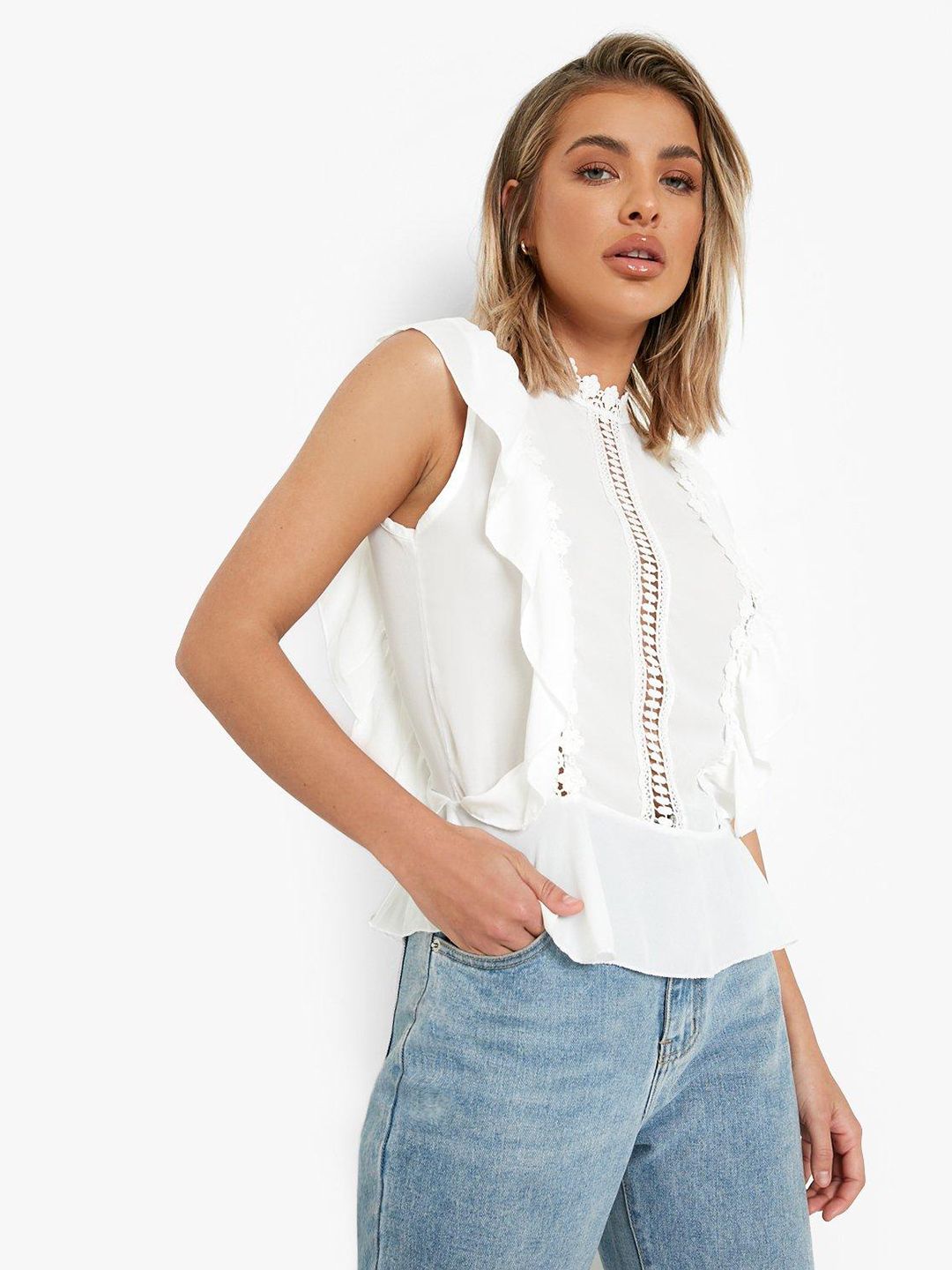 Boohoo White Lace Inserts Ruffle Detail Top Price in India