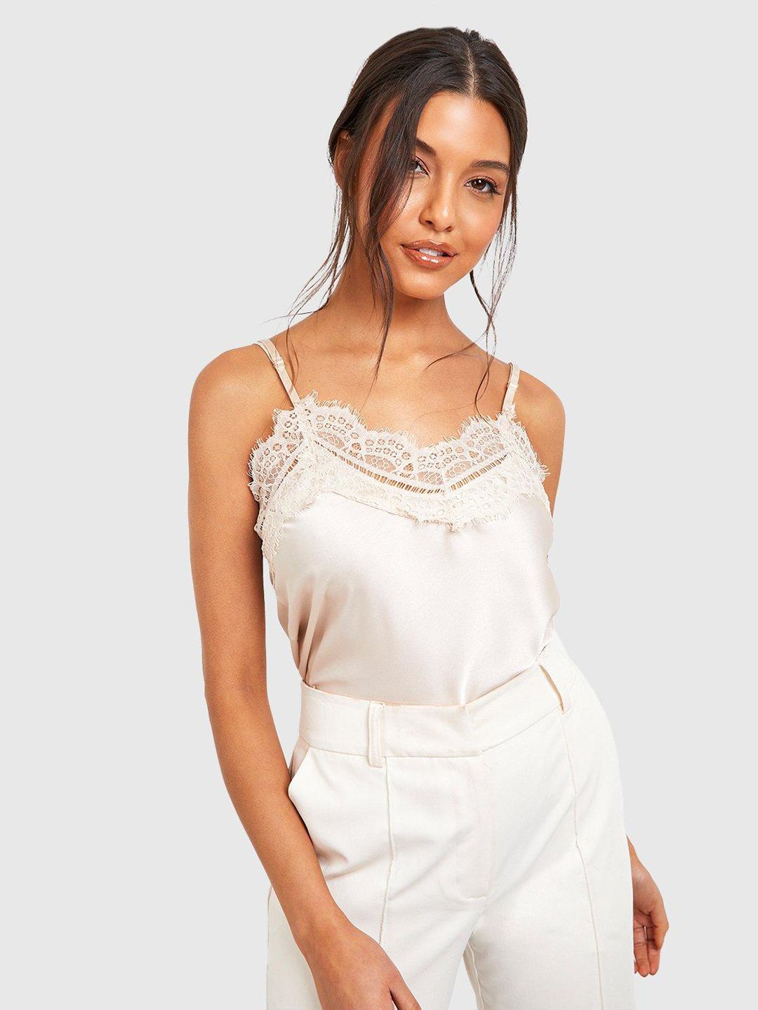 Boohoo Off White Lace Detail Satin Finish Top Price in India