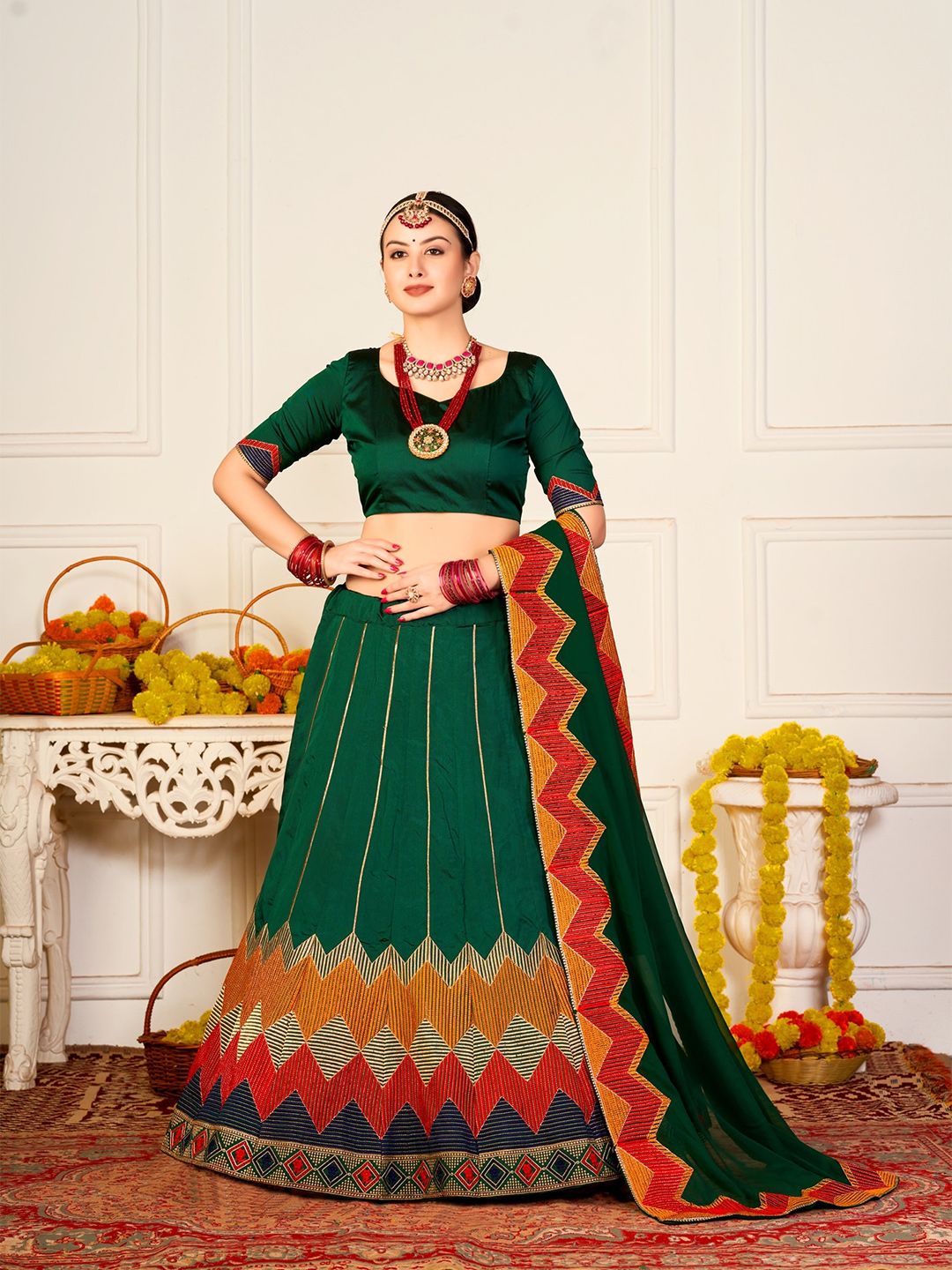 Warthy Ent Green & Red Embroidered Thread Work Semi-Stitched Lehenga & Unstitched Blouse With Dupatta Price in India
