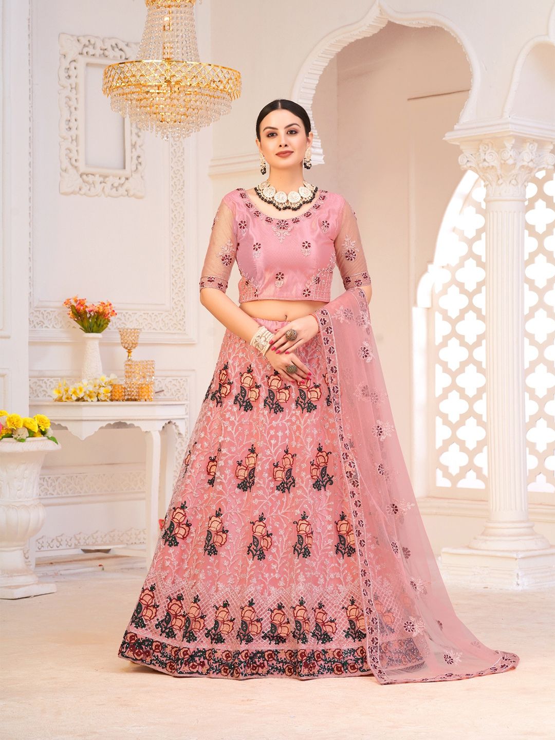 Warthy Ent Pink & Maroon Semi-Stitched Lehenga & Unstitched Blouse With Dupatta Price in India