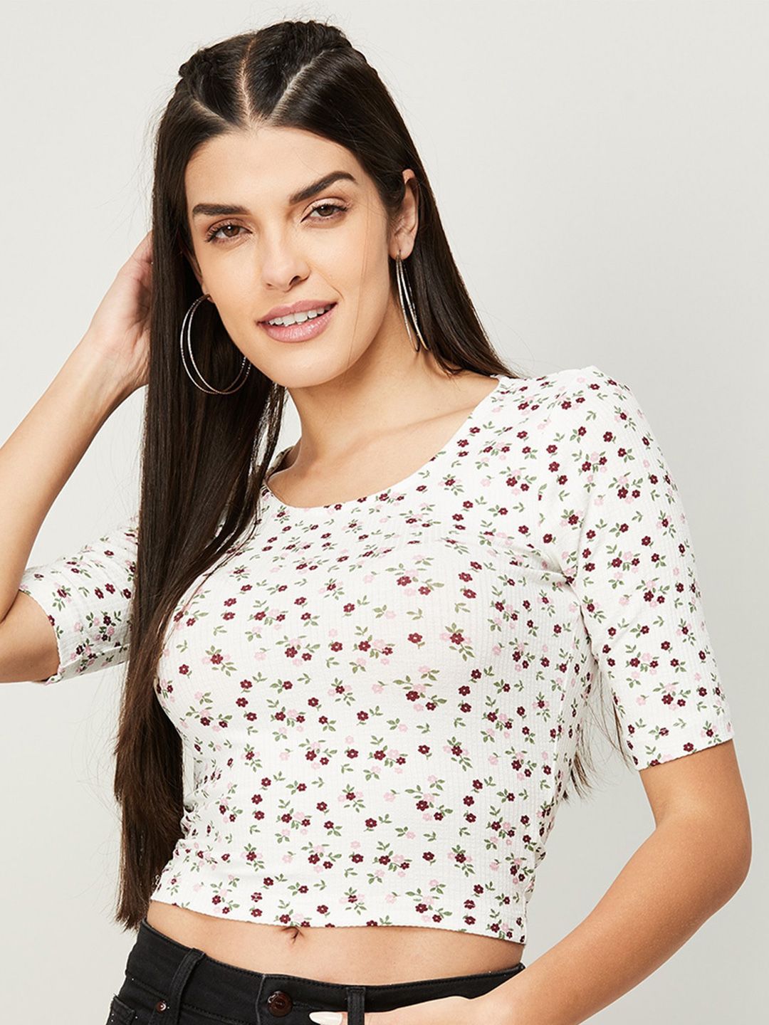 Ginger by Lifestyle White & Red Floral Print Crop Top Price in India