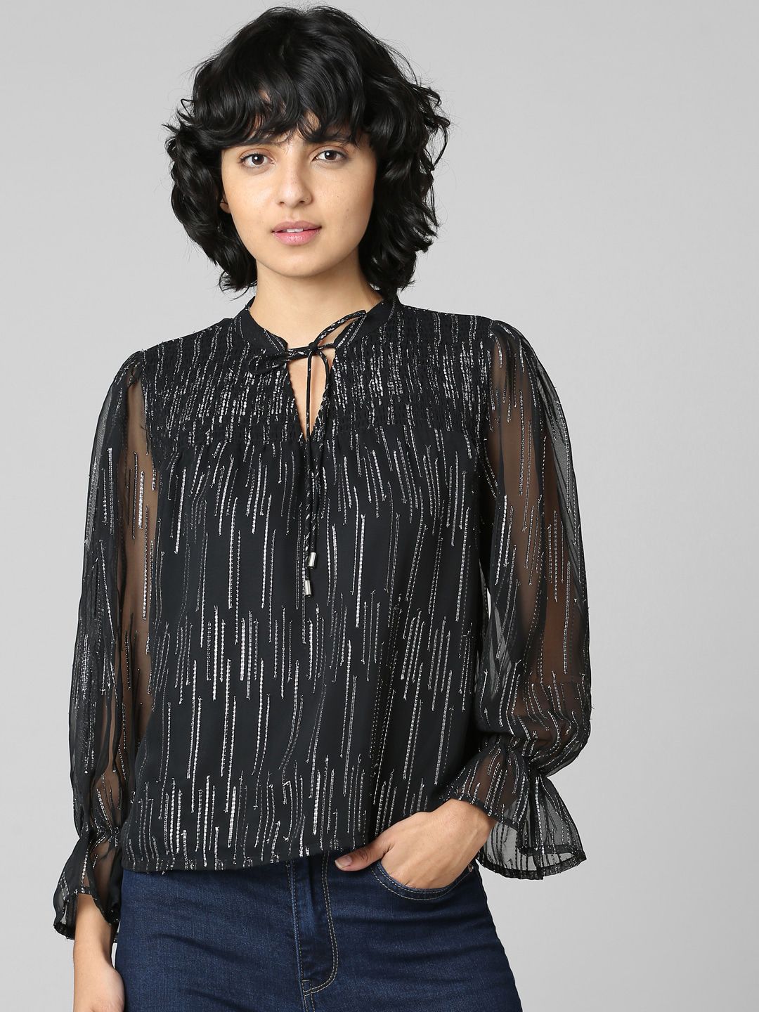 ONLY Black & Silver Geometric Printed Tie-Up Neck Top Price in India