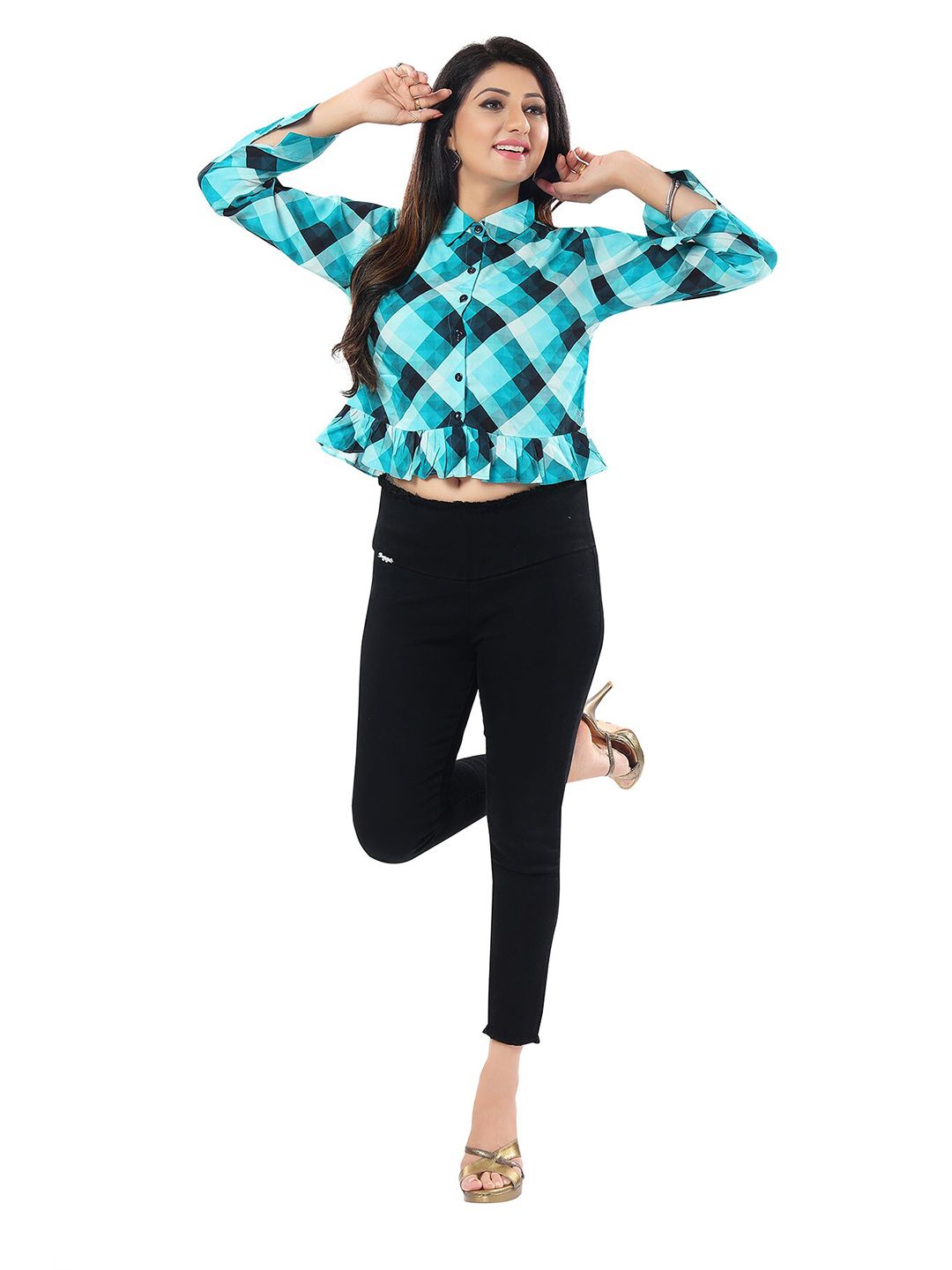 La Aimee Blue & Teal Checked Blouson Crop Top Price in India