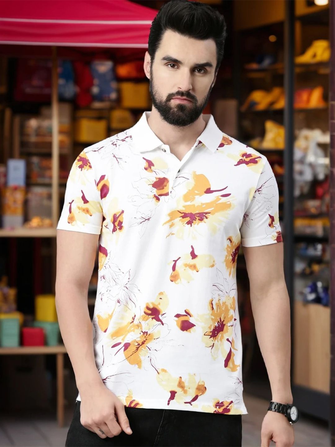 Kryptic Men Printed Polo Collar Pure Cotton T-shirt
