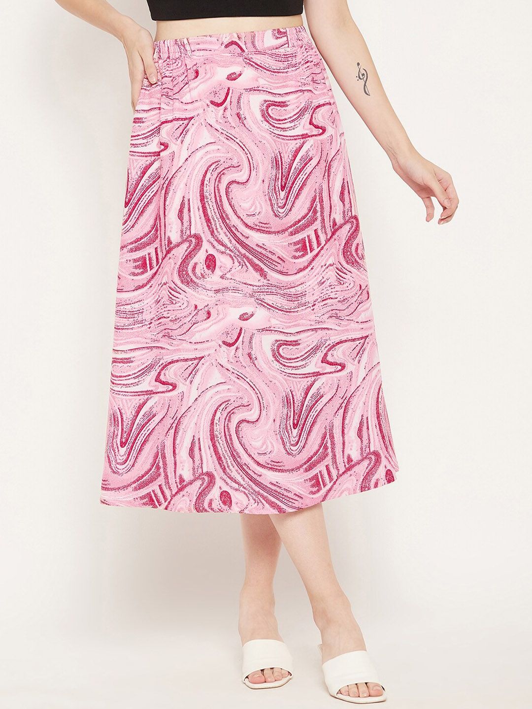 Bitterlime Women Pink Printed A-Line Midi Skirt Price in India