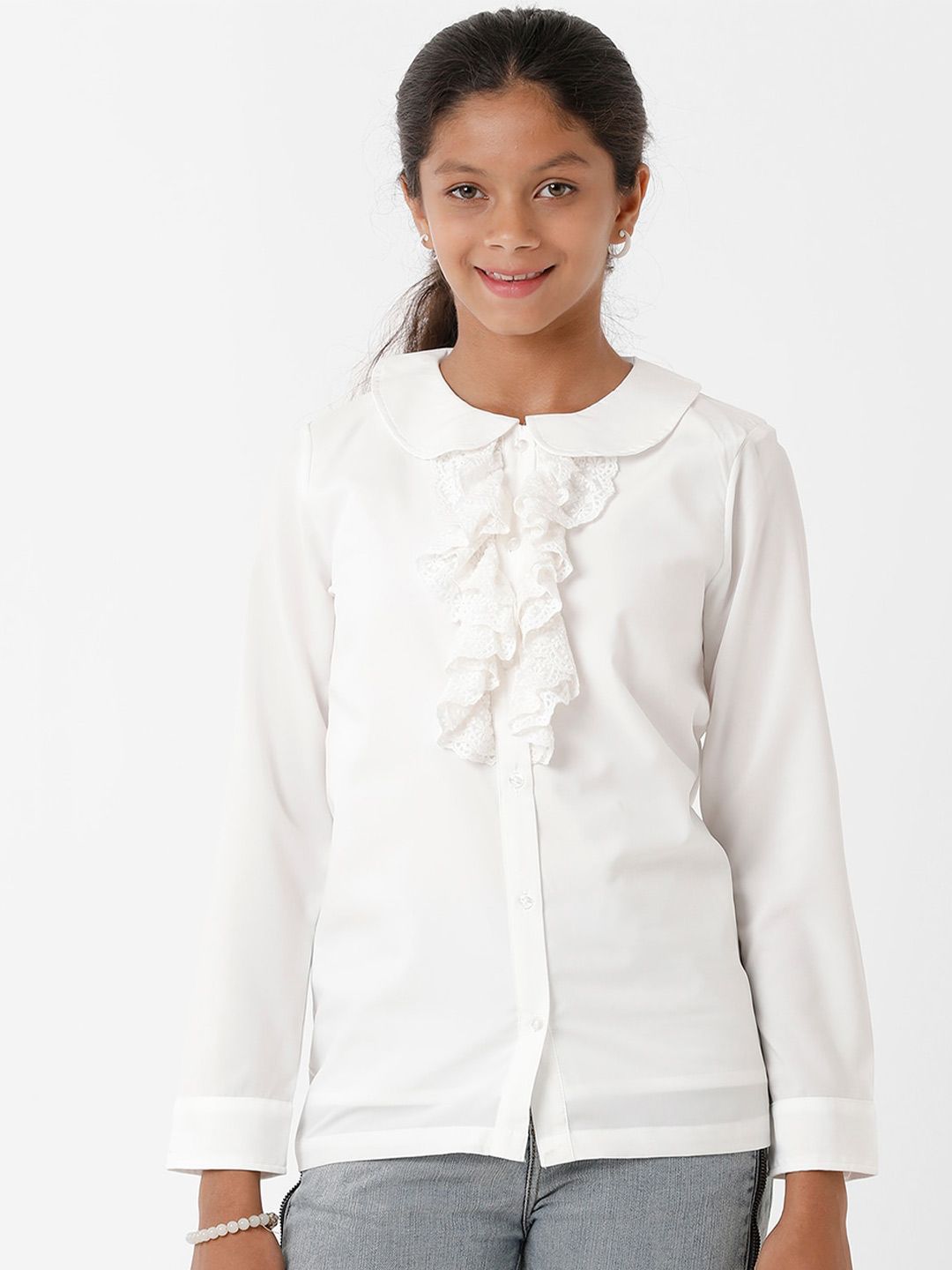 KATE & OSCAR White Peter Pan Collar Georgette Shirt Style Top Price in India