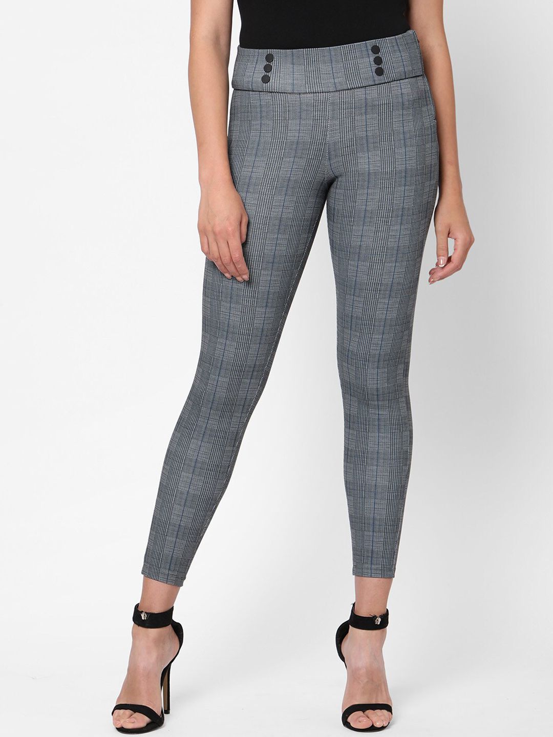 Kraus Jeans Women Grey Checked Skinny Fit High-Rise Trousers Price in India