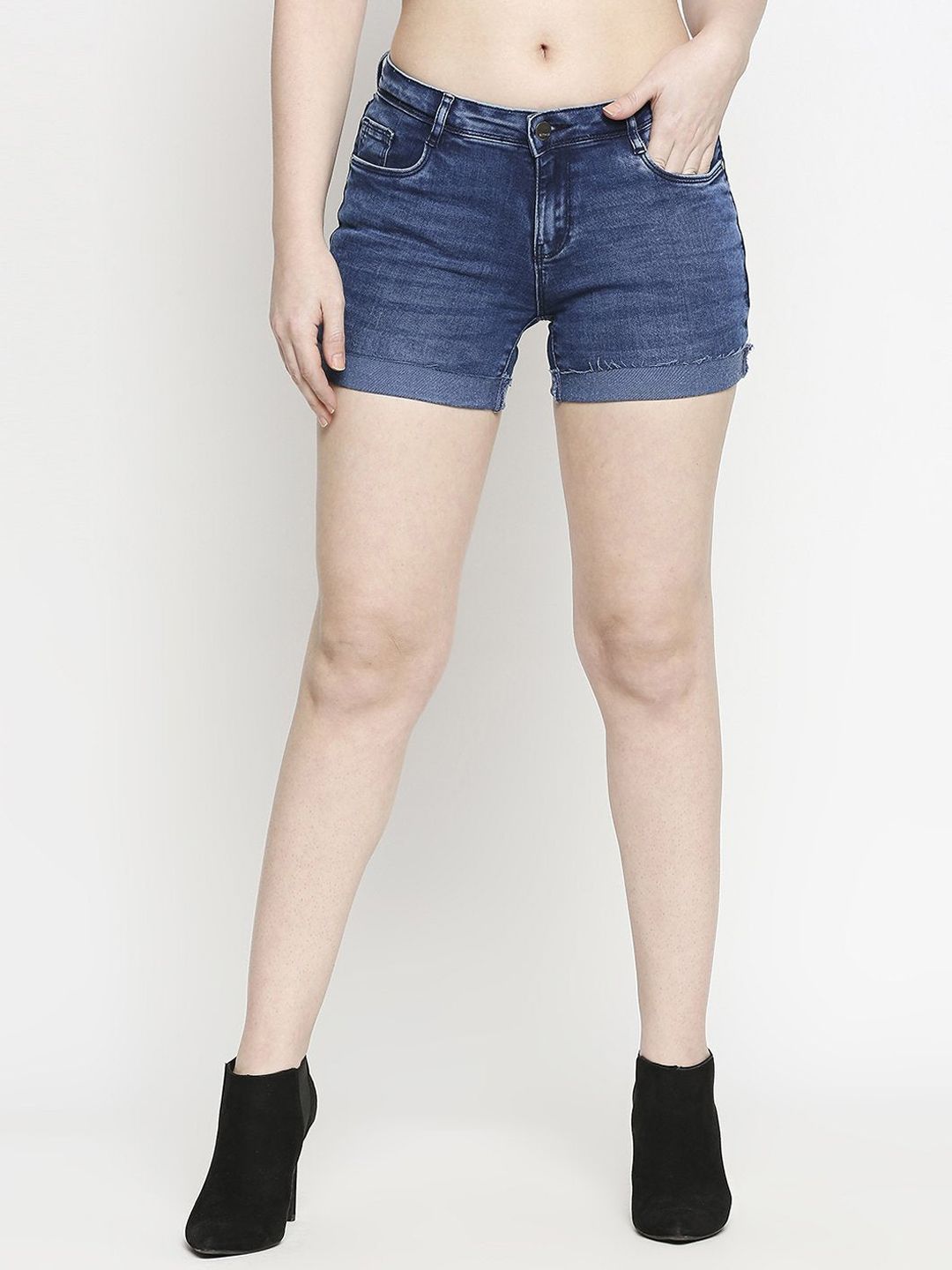 Kraus Jeans Women Blue Washed Washed Slim Fit High-Rise Cotton Denim Shorts Price in India
