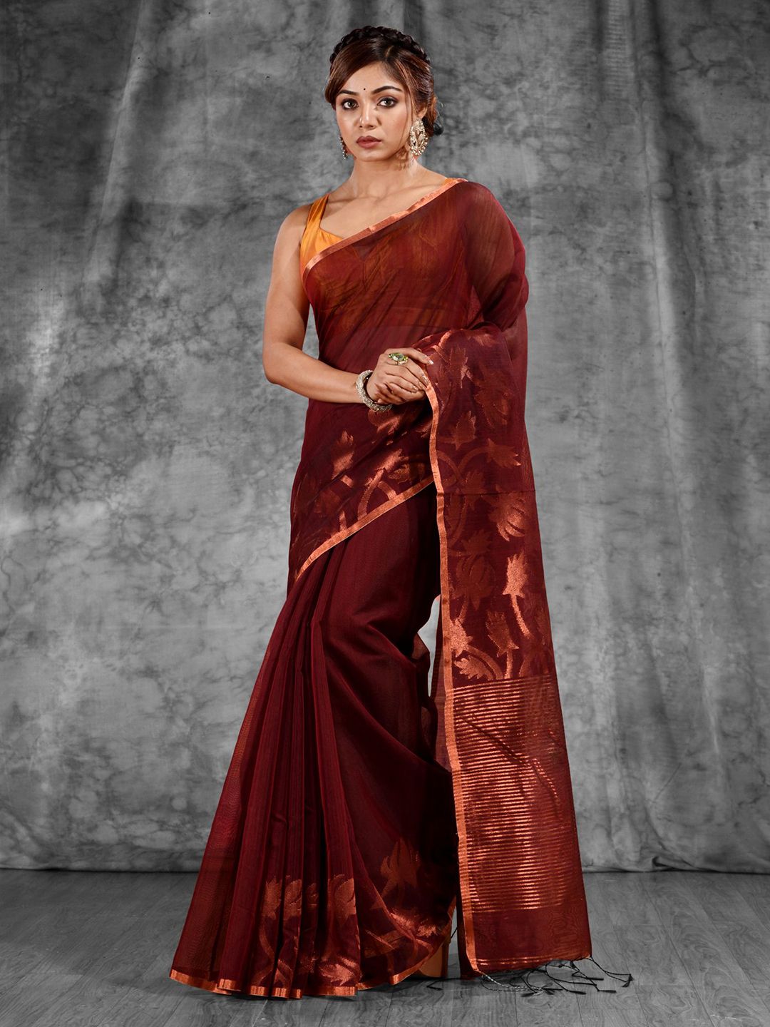 Charukriti Maroon & Copper-Toned Woven Design Zari Pure Cotton Saree Price in India
