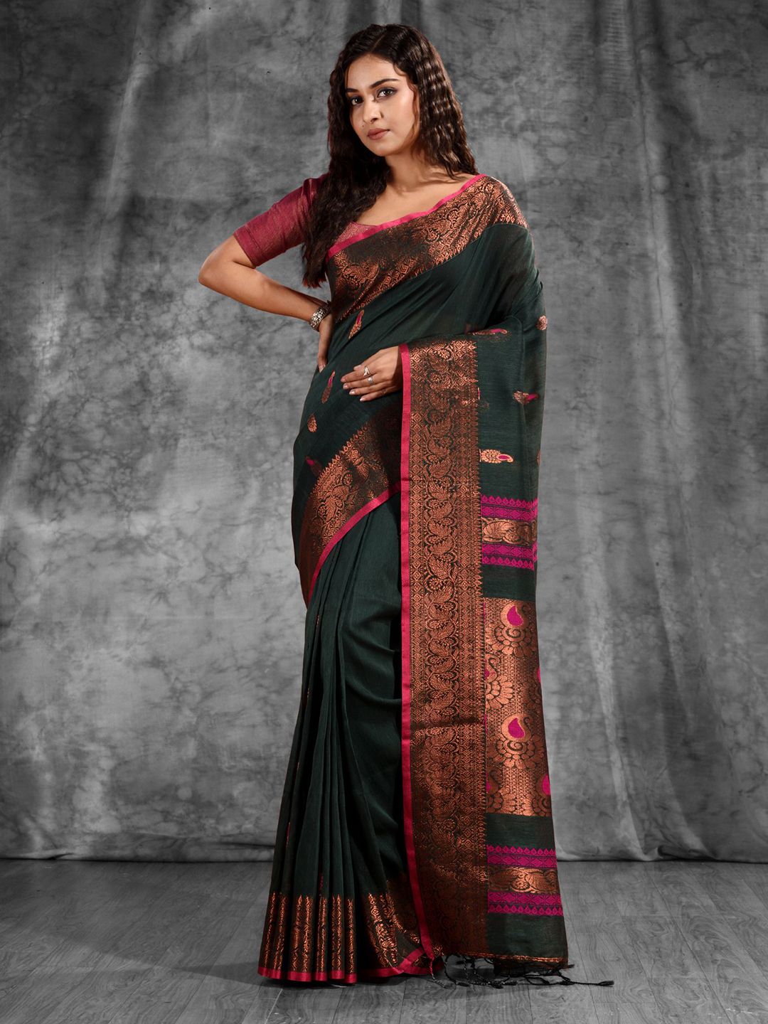 Charukriti Green & Copper-Toned Woven Design Zari Pure Linen Saree Price in India