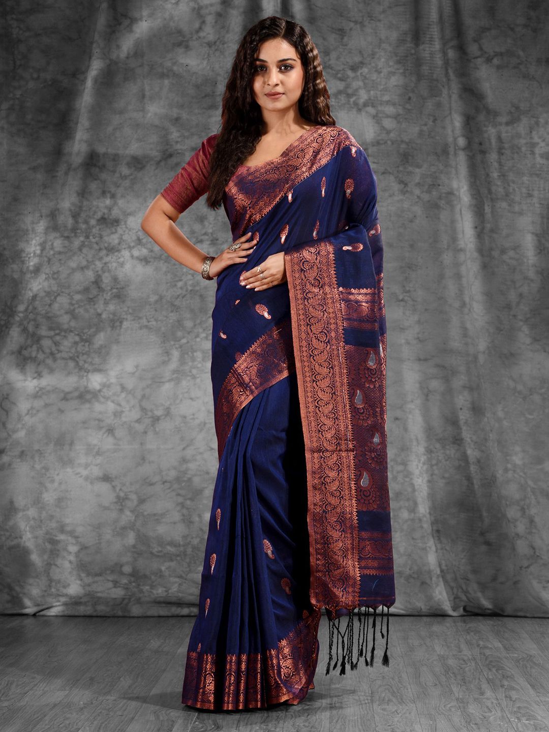 Charukriti Blue & Copper-Toned Woven Design Zari Pure Linen Saree Price in India