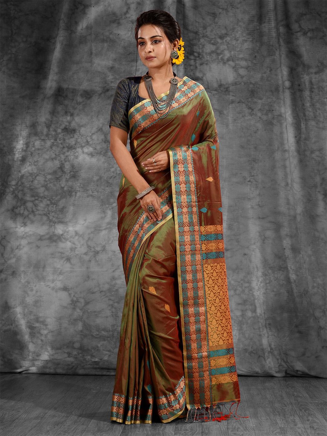 Charukriti Green & Blue Woven Design Zari Silk Blend Saree Price in India