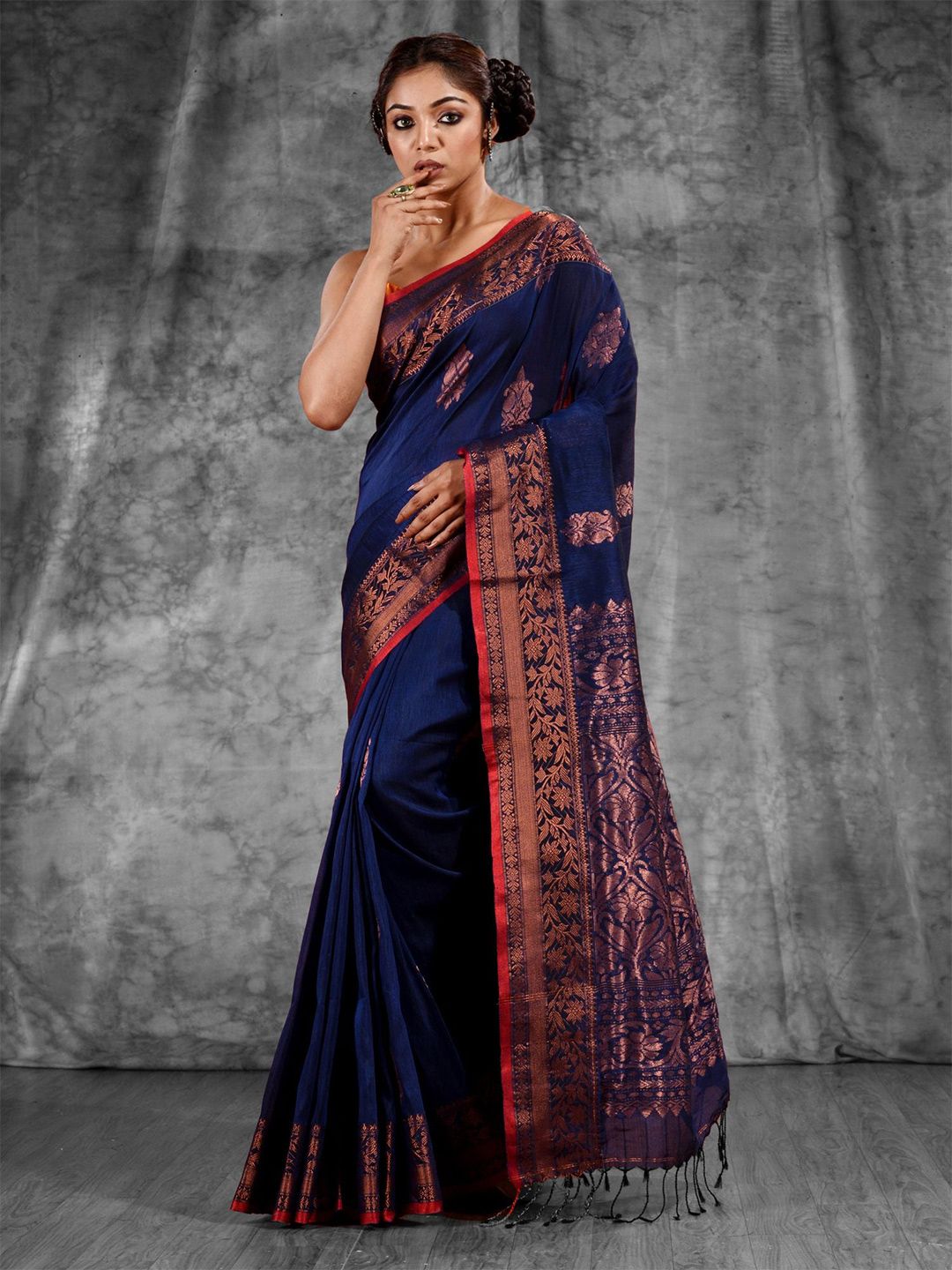 Charukriti Blue & Copper-Toned Woven Design Zari Pure Linen Saree Price in India
