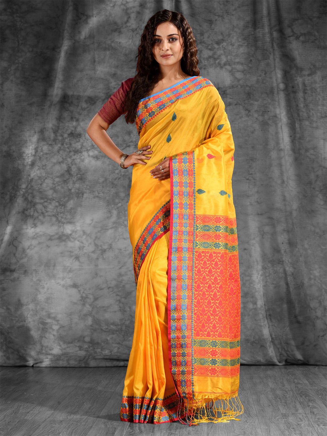 Charukriti Yellow & Pink Woven Design Silk Blend Saree Price in India