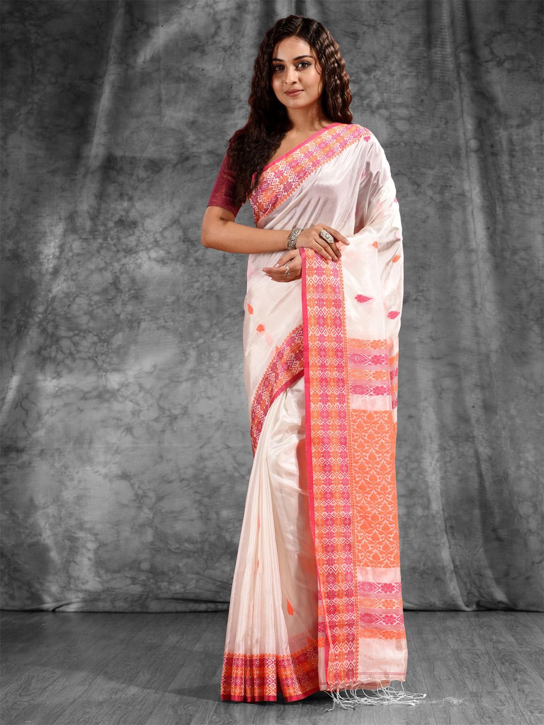 Charukriti White & Red Woven Design Silk Blend Saree Price in India