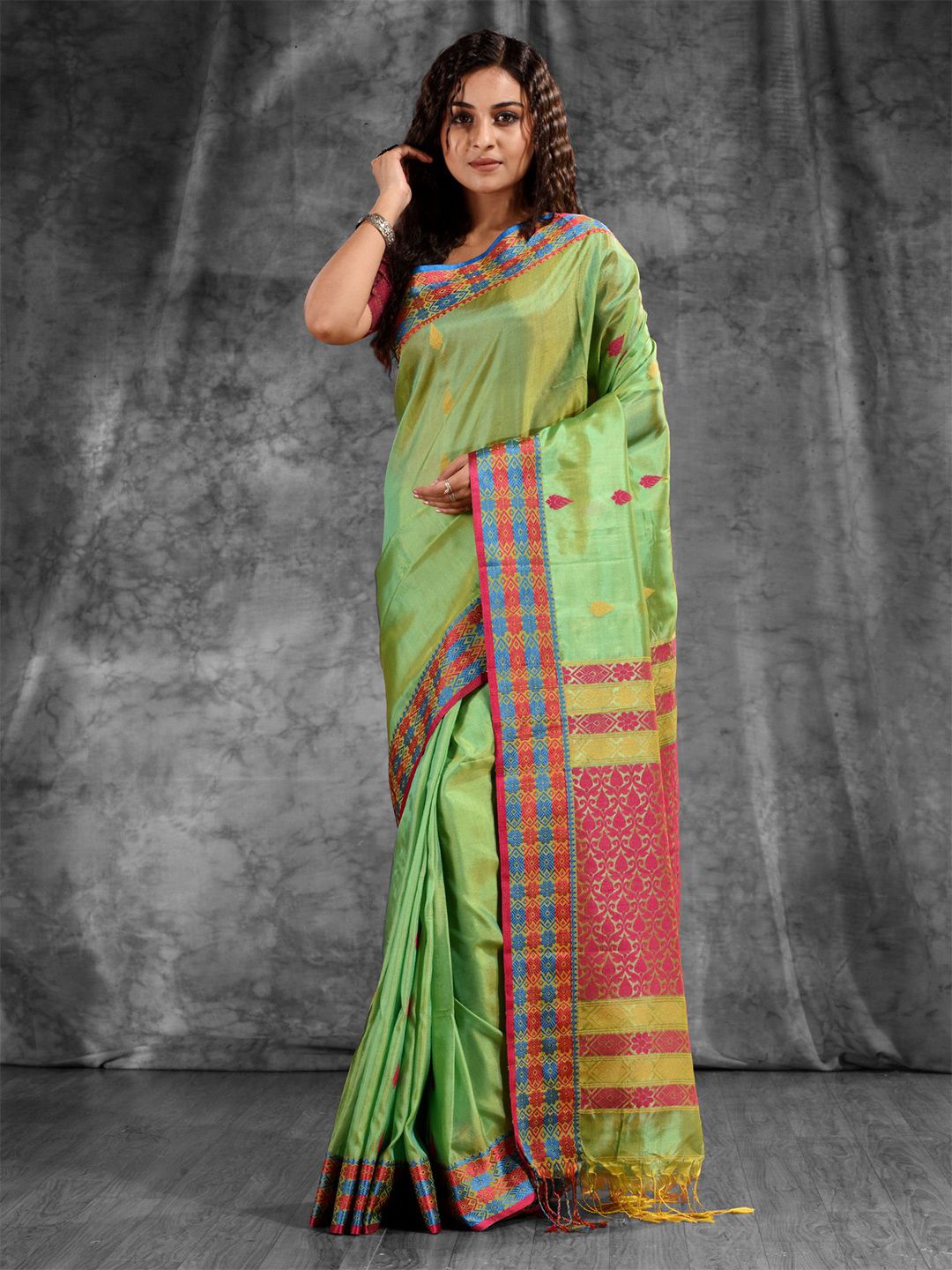 Charukriti Lime Green & Yellow Woven Design Zari Silk Blend Saree Price in India