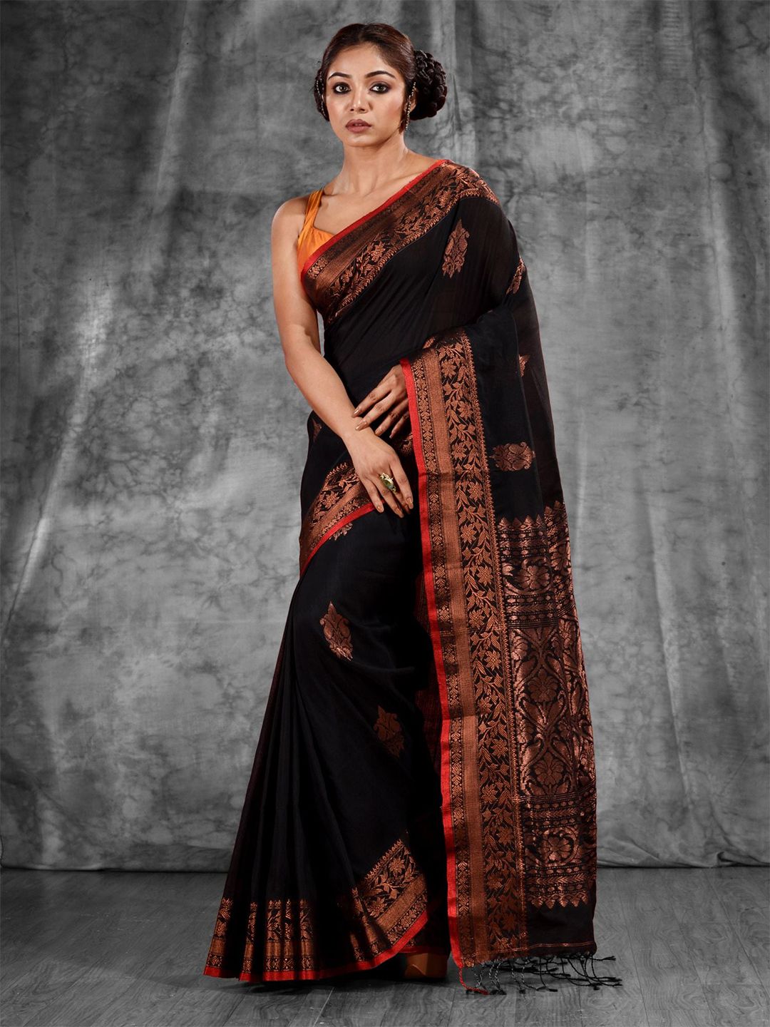Charukriti Black & Copper-Toned Woven Design Pure Linen Zari Saree Price in India