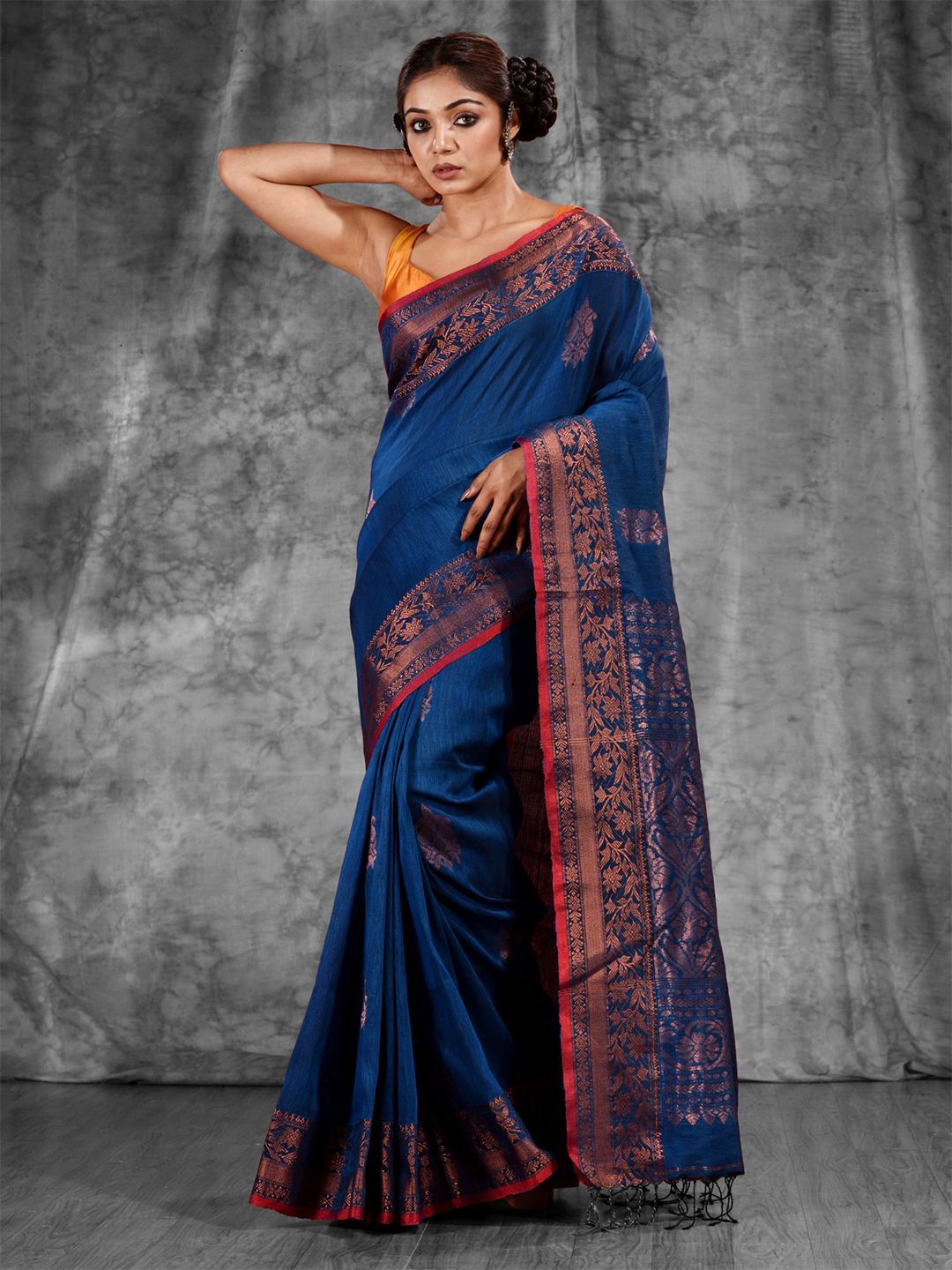 Charukriti Blue & Copper-Toned Woven Design Pure Linen Zari Saree Price in India
