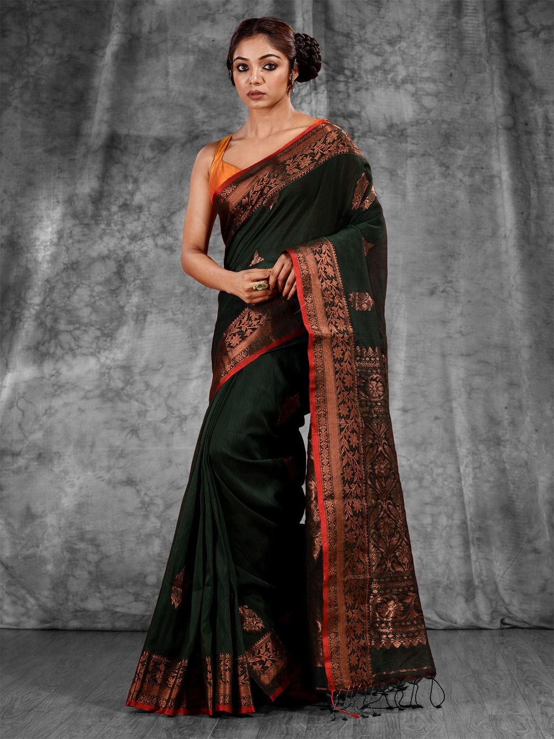 Charukriti Green & Gold-Toned Woven Design Pure Linen Zari Saree Price in India