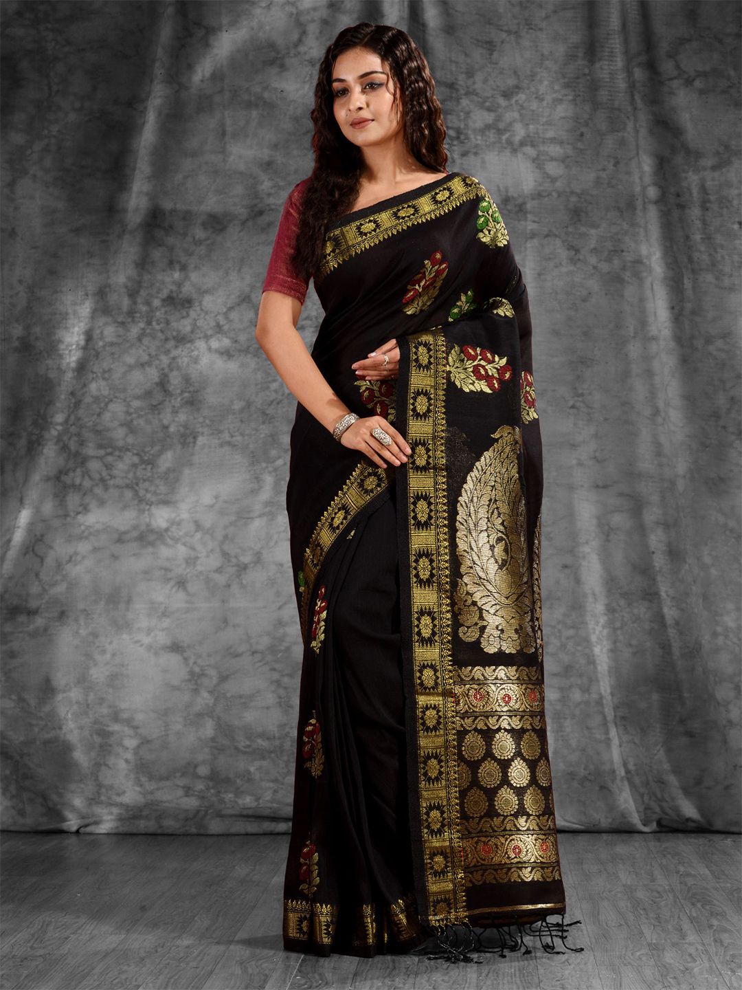 Charukriti Black & Gold-Toned Woven Design Pure Linen Zari Saree Price in India